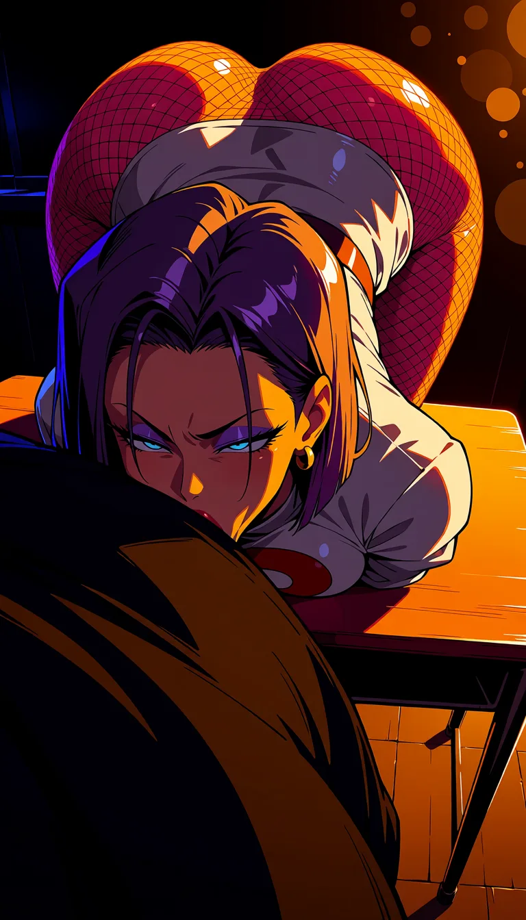 masterpiece, best quality, score_7, newest, highres, absurdres, anime coloring, android 18 bright lighting bent over classroom table wearing fishnet suit white team rocket uniform fucked from behind by Batman cum inside moaning purple eyeshadow facing_viewer breasts groping dutch_angle anal sex_from_behind looking diagonally from_behind smaller breasts kissing neck miniskirt deepthroat blowjob pink see-through pantyhose, glossy shiny skin, wet highlights, (dim warm lighting:1.2), dramatic rim light, deep shadows, dark bokeh background, sensual mood