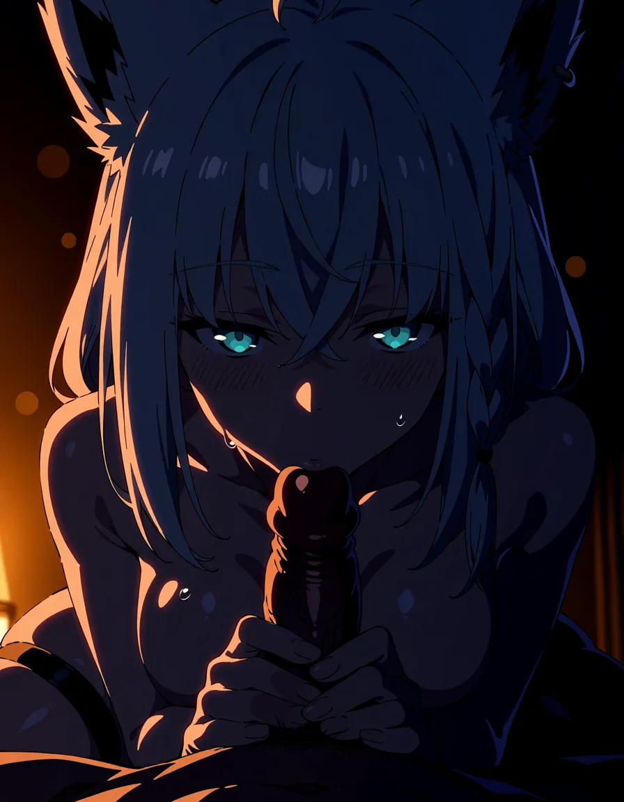 masterpiece, best quality, score_7, newest, highres, absurdres, anime coloring, 1girl, ultra detailed, sharp focus, bunny girl, blowjob, thigh strap, flower, anime screencap, nude shirakami fubuki, glossy shiny skin, wet highlights, (dim warm lighting:1.2), dramatic rim light, deep shadows, dark bokeh background, sensual mood