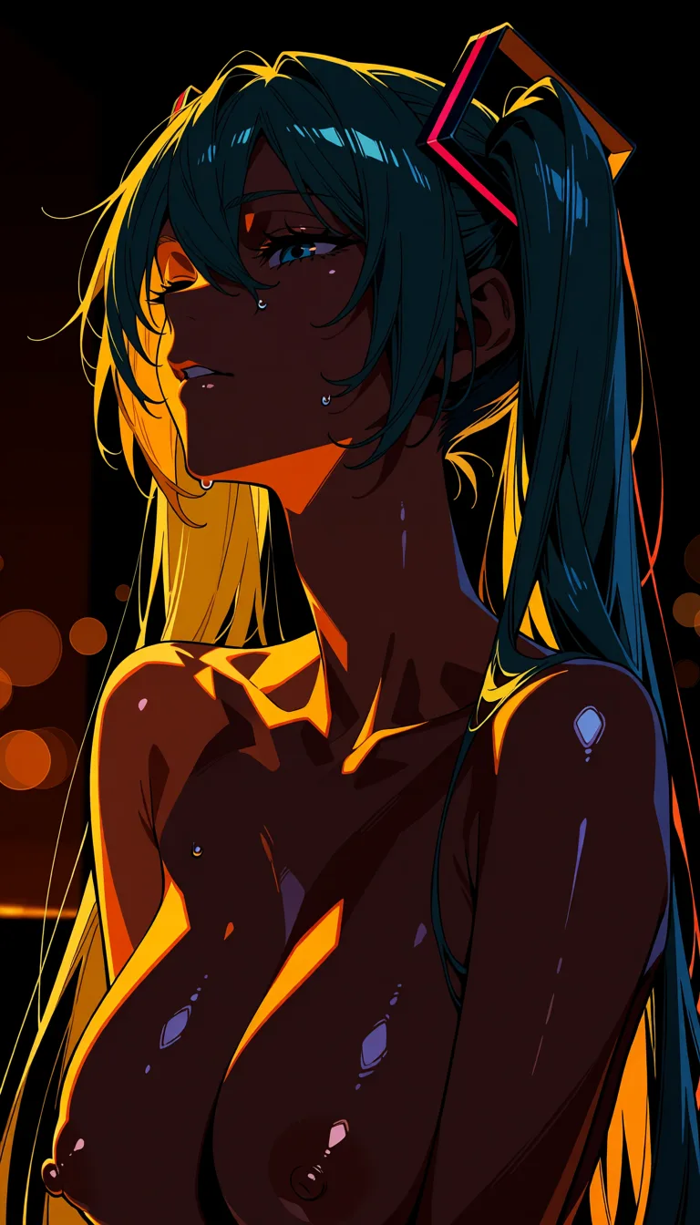 masterpiece, best quality, score_7, newest, highres, absurdres, anime coloring, 1girl, Femboy , nude photo
hatsune miku, glossy shiny skin, wet highlights, (dim warm lighting:1.2), dramatic rim light, deep shadows, dark bokeh background, sensual mood