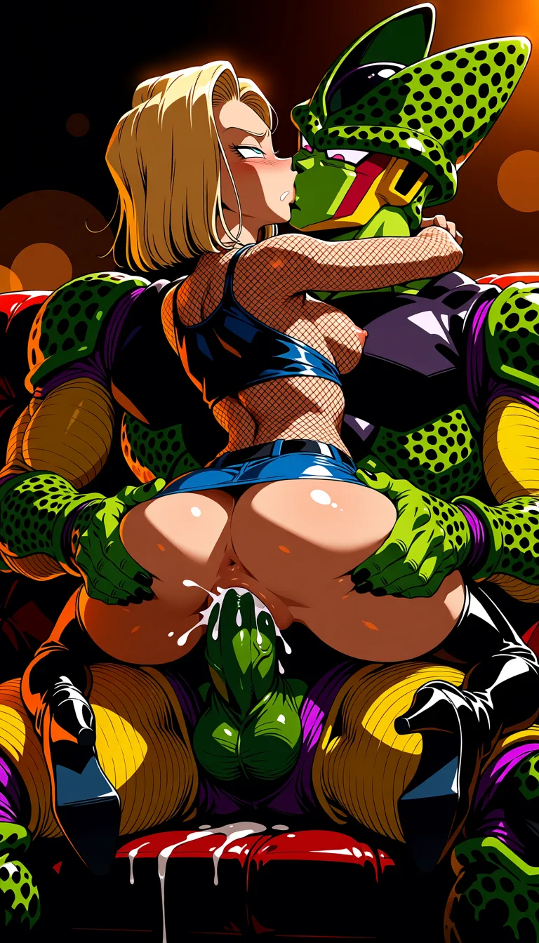 masterpiece, best quality, score_7, newest, highres, absurdres, anime coloring, 1boy, 1girl, Green skin, morning sunshine, dutch_angle, dragon ball android 18 costume, wet_clothes, breasts_out, android 18, scream moaning, thigh high boots, over coffee table, pussy_juice, cowgirl_position , full_body, smaller breasts, tight anus, midday sun, arched_back cum inside straddling looking_back orgasm, sex with imperfect cell (dragon ball) denim microskirt, stripper, orgasm face, surprised prostitution, ass grab, frontal view, arms around shoulders, kissing passionately, deep penetration, fishnet suit anal, fucked silly, french_kiss, open eyes moaning, glossy shiny skin, wet highlights, (dim warm lighting:1.2), dramatic rim light, deep shadows, dark bokeh background, sensual mood