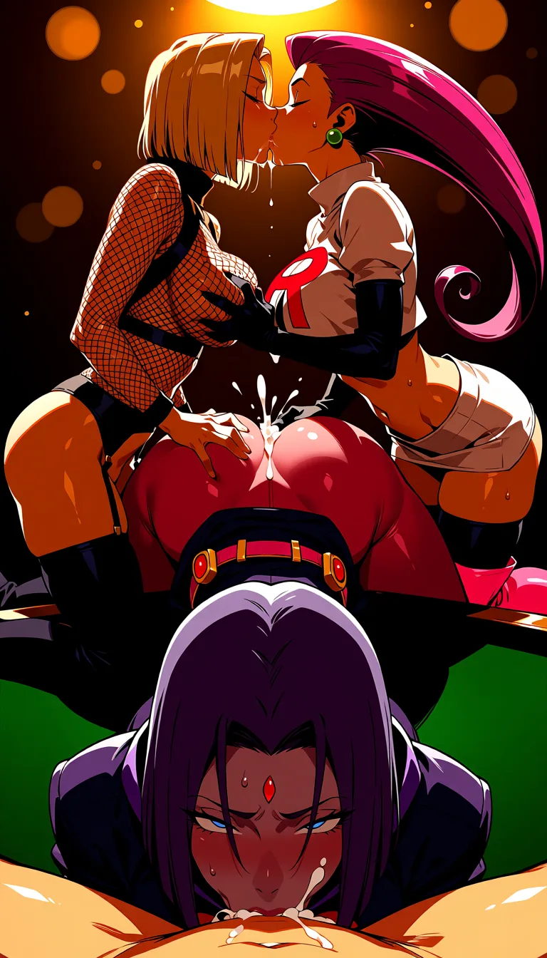 masterpiece, best quality, score_7, newest, highres, absurdres, anime coloring, 1boy, 3girls, purple skin raven (dc), bright lights, fishnet suit, see-through pink pantyhose, pink miniskirt, no underwear, pink utility belt, pink boots, fucked by uzumaki naruto, sex_from_behind, grabbing_from_behind, grabbing both breasts, fucked on billiard table, doggystyle, anal, spread pussy, legs apart, moaning, orgasm, smaller breasts, cum in ass, garter belt, jessie (pokemon), cum on breasts, fucked from behind, dutch_angle, threesome, leg lifted, sweaty, cum on face, from_behind, deepthroat fellatio, spread ass, all_fours, team rocket, android 18, kissing, scissoring, hentai 4, glossy shiny skin, wet highlights, (dim warm lighting:1.2), dramatic rim light, deep shadows, dark bokeh background, sensual mood