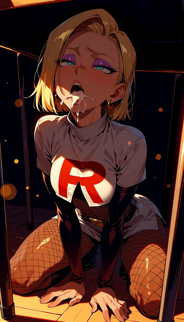 masterpiece, best quality, score_7, newest, highres, absurdres, anime coloring, Android 18 bright lighting kneeling under classroom table wearing fishnet suit white team rocket uniform fucked from behind cum in mouth moaning purple eyeshadow facing_viewer dutch_angle spread_legs looking forward smaller breasts daylight grabbing_another's_breast deepthroat blowjob multiple_views 1, glossy shiny skin, wet highlights, (dim warm lighting:1.2), dramatic rim light, deep shadows, dark bokeh background, sensual mood