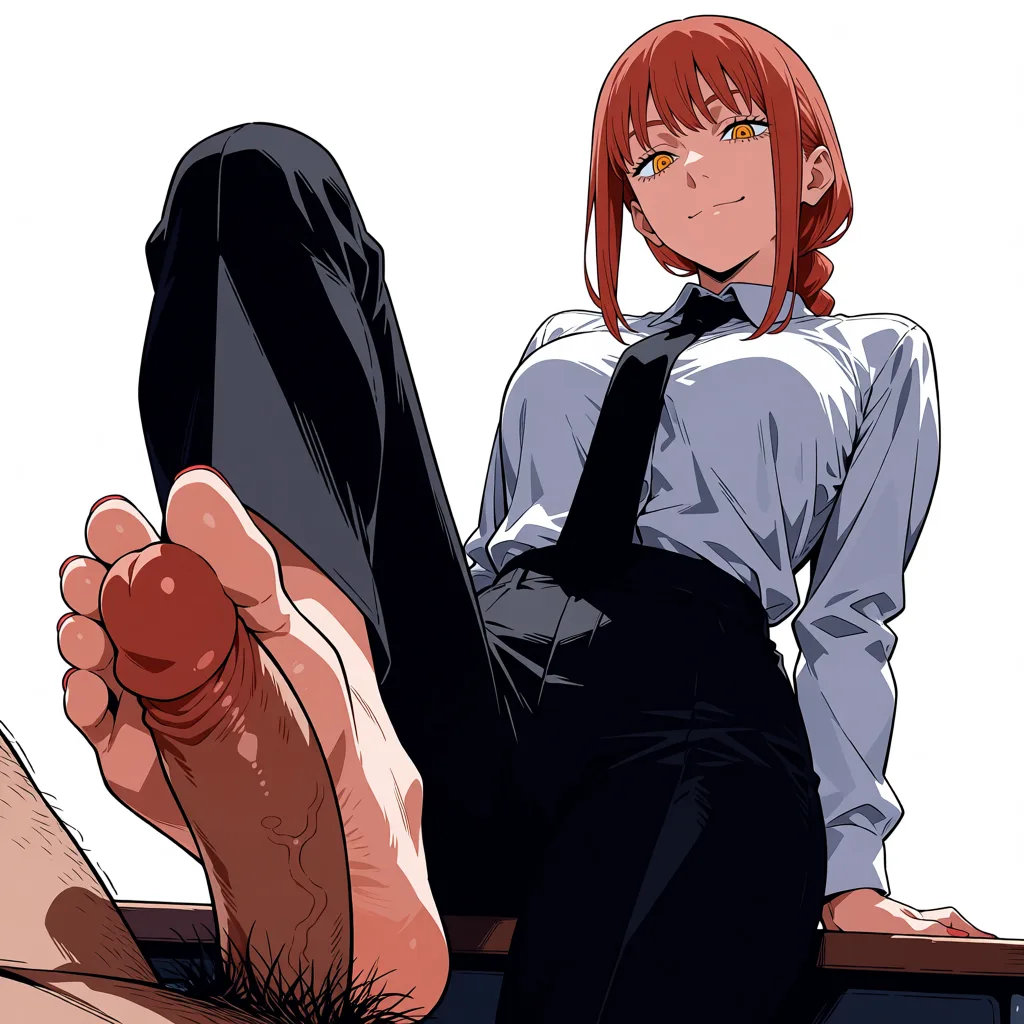 masterpiece, best quality, score_7, newest, anime screenshot, official art, 1girl, makima (chainsaw man),femdom,footjob, (flat color:1.3), hard cel shading, thin crisp lineart, high key daylight, vivid primary palette, bright clean background