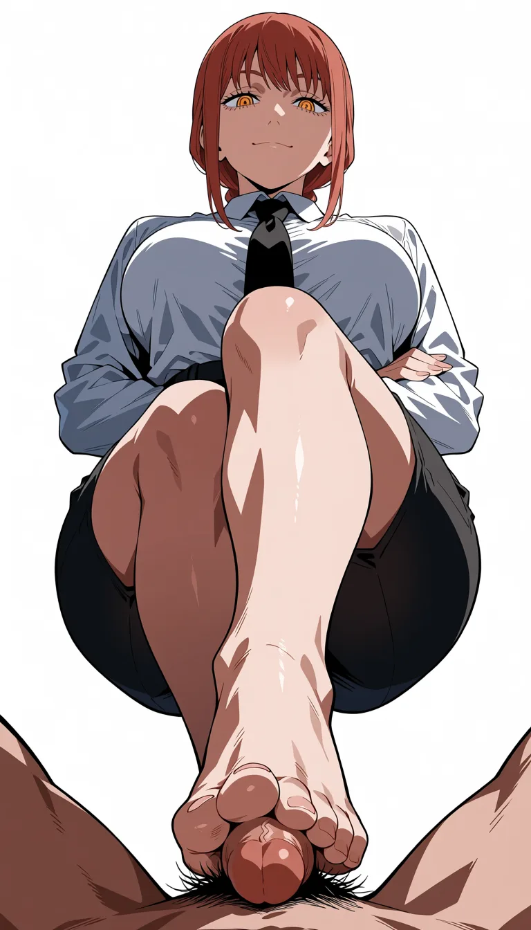 masterpiece, best quality, score_7, newest, anime screenshot, official art, 1girl, makima (chainsaw man),femdom,shoejob, (flat color:1.3), hard cel shading, thin crisp lineart, high key daylight, vivid primary palette, bright clean background