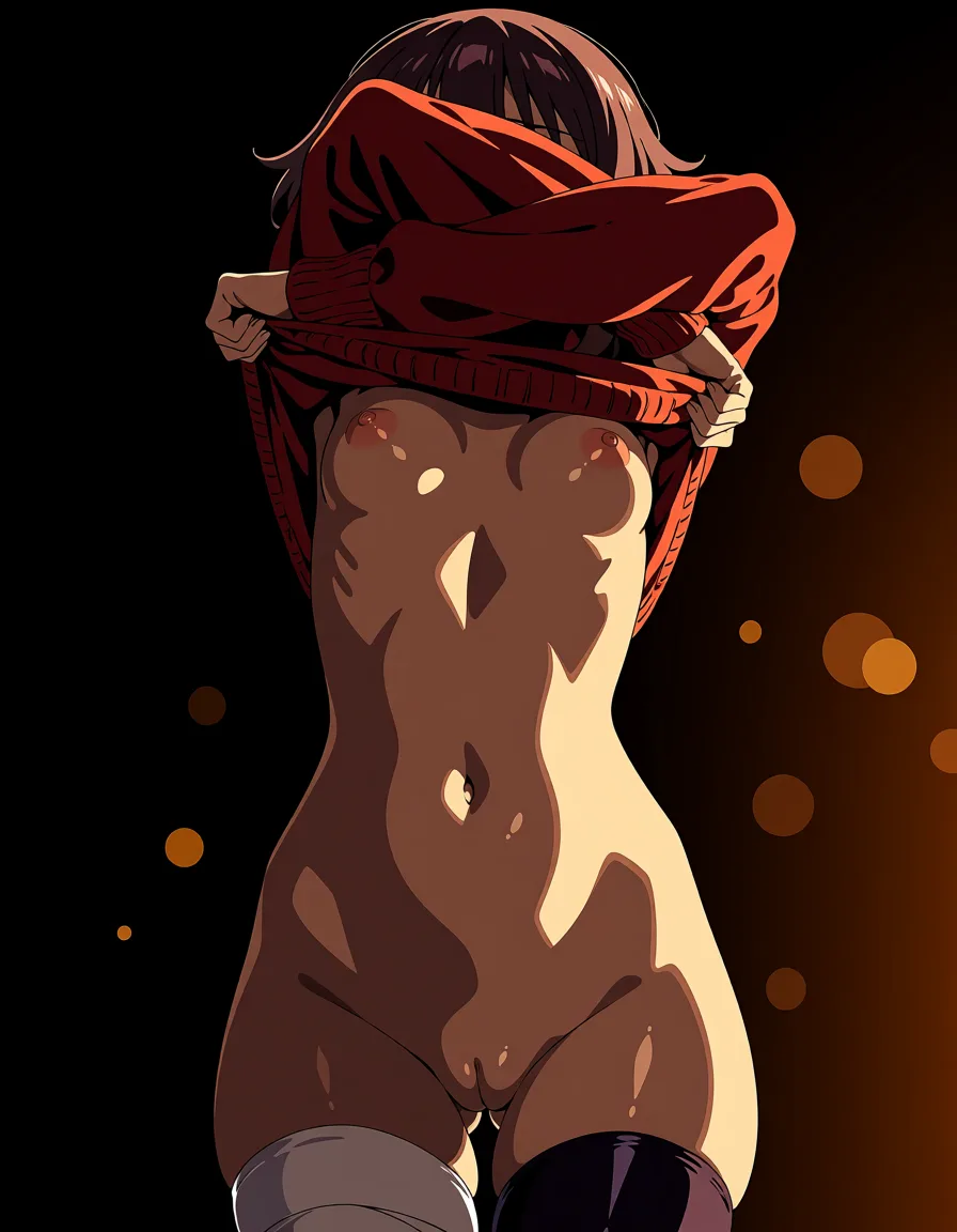 masterpiece, best quality, score_7, newest, highres, absurdres, anime coloring, 1girl, sweater, shirt_lift, thighhighs, boobs_out, pussy 
megumin, glossy shiny skin, wet highlights, (dim warm lighting:1.2), dramatic rim light, deep shadows, dark bokeh background, sensual mood