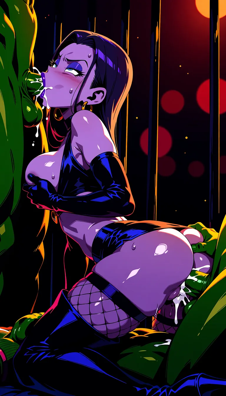 masterpiece, best quality, score_7, newest, highres, absurdres, anime coloring, 3boys, 1girl, morning sunshine, dutch_angle, purple skin raven (dc) android 18, costume, wet_clothes, breasts_out, scream moaning, thigh high boots, jail cell, pussy_juice, cowgirl_position, smaller breasts, midday sun, arched_back cum inside straddling looking_at_viewer orgasm, sex with green skin piccolo (dragon ball) denim microskirt, stripper, orgasm face, surprised prostitution, ass grab, frontal view, fishnet stockings, eyes open moan, double_penetration, against cell bars, grabbing own breasts, fucked in ass by purple skin frieza (dragon ball), doggystyle, group_sex, sweating, deepthroat fellatio blowjob, disneys princess jasmine (Aladdin), purple eyeshadow, denim lipstick costume 2, glossy shiny skin, wet highlights, (dim warm lighting:1.2), dramatic rim light, deep shadows, dark bokeh background, sensual mood