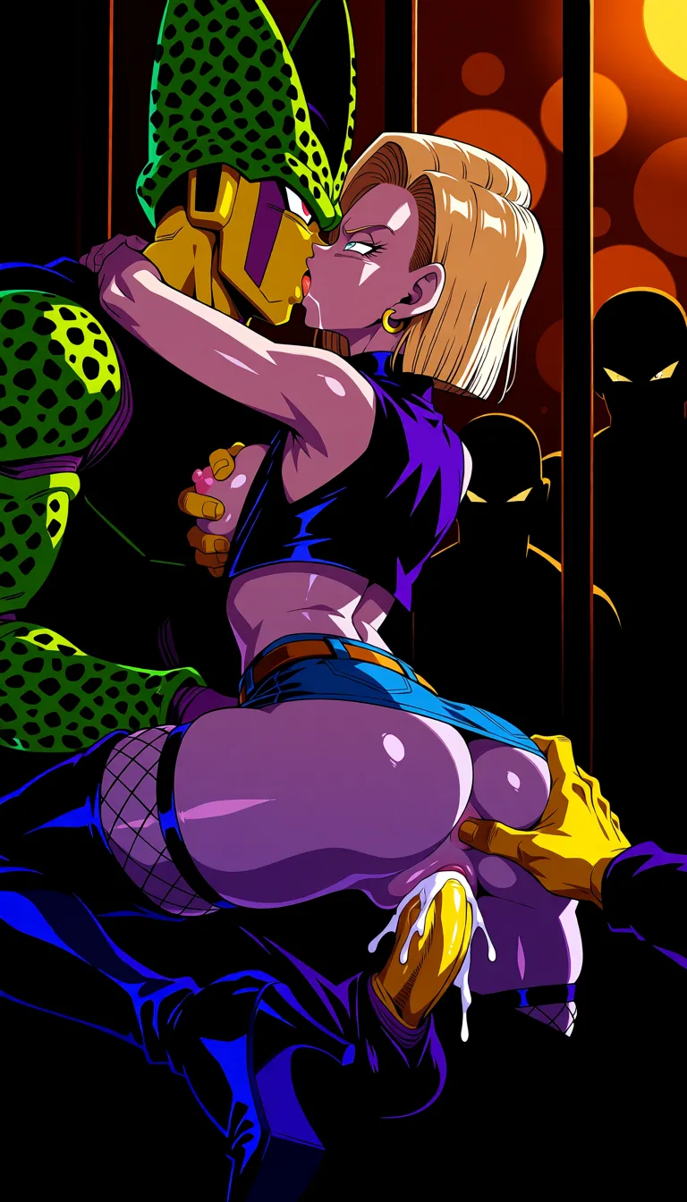 masterpiece, best quality, score_7, newest, highres, absurdres, anime coloring, 3boys, 1girl, morning sunshine, dutch_angle, purple skin raven (dc) android 18, costume, wet_clothes, breasts_out, scream moaning, thigh high boots, jail cell, pussy_juice, cowgirl_position , full_body, smaller breasts, tight anus, midday sun, arched_back cum inside straddling looking_at_viewer orgasm, sex with green skin perfect cell (dragon ball) denim microskirt, stripper, orgasm face, surprised prostitution, ass grab, frontal view, arms around shoulders, kissing passionately, fishnet stockings, eyes open moan French kissing, fingering asshole, double penetration, against cell bars, grabbing own breasts, fucked in ass by pikkon 1, glossy shiny skin, wet highlights, (dim warm lighting:1.2), dramatic rim light, deep shadows, dark bokeh background, sensual mood