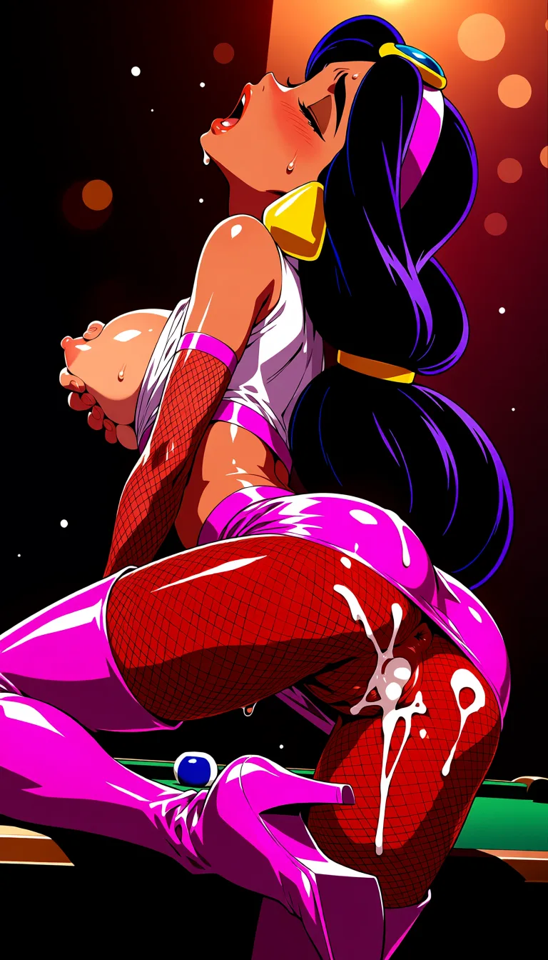 masterpiece, best quality, score_7, newest, highres, absurdres, anime coloring, 2noys, 1girl, Disneys princess jasmine (Aladdin), see-through_clothes, revealing_clothes, upskirt, breasts_out, white team rocket uniform, bright lighting, on billiard table, moaning, pussy_juice, sweating, pink see-through shirt, pink thigh high boots, pink utility belt, pink pantyhose, pink latex miniskirt, fishnet sleeves and stockings, dutch_angle, grabbing_from_behind, smaller breasts, spread ass, spread pussy, arched_back, leg lifted, tight anus, cum on ass, fucked from behind by Batman and superman, sex_from_behind, female orgasm, team rocket threesome, group_sex, grabbing both breasts, spit roast 1, glossy shiny skin, wet highlights, (dim warm lighting:1.2), dramatic rim light, deep shadows, dark bokeh background, sensual mood
