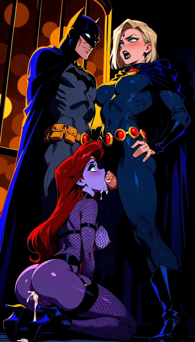 masterpiece, best quality, score_7, newest, highres, absurdres, anime coloring, 2boys, 2girls, raven (dc), Ariel (The little mermaid), purple skin females, Batman (dc), double_penetration, standing straddle, spread pussy, spread ass, fishnet arm sleeves, boots, raven costume, fishnet bodysuit, after_sex, dutch_angle, scream moaning, eyes open, black eyeshadow, black lipstick, gothic girl, bright sunlight, jail cell, fucked by Batman against jail cell bars, see-through black pantyhose, mmf_threesome, deepthroat fellatio, jewel in forehead, purple skin, teamwork, sharing, anal sex cum inside, smaller penis cumshot, smaller breasts, breasts_out, android 18 kneeling passionately licking shaft of penis inside pussy, jewel utility belt, Batman standing straddle sex on raven (dc), legs lifted, pussy_juice, anilingus, embarrassed, shocked, electricity aura, android 18, princess jasmine (Aladdin) from behind anal sex, garter belt, glossy shiny skin, wet highlights, (dim warm lighting:1.2), dramatic rim light, deep shadows, dark bokeh background, sensual mood
