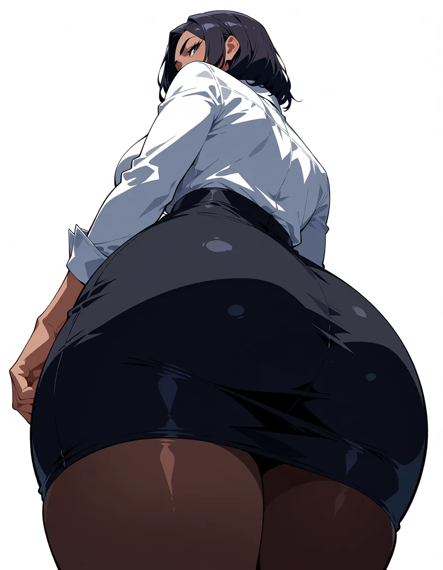 masterpiece, best quality, score_7, newest, anime screenshot, official art, 1girl, curvy, black_pantyhose, black_skirt, white_shirt, standing, from_below,mercy (overwatch), (flat color:1.3), hard cel shading, thin crisp lineart, high key daylight, vivid primary palette, bright clean background