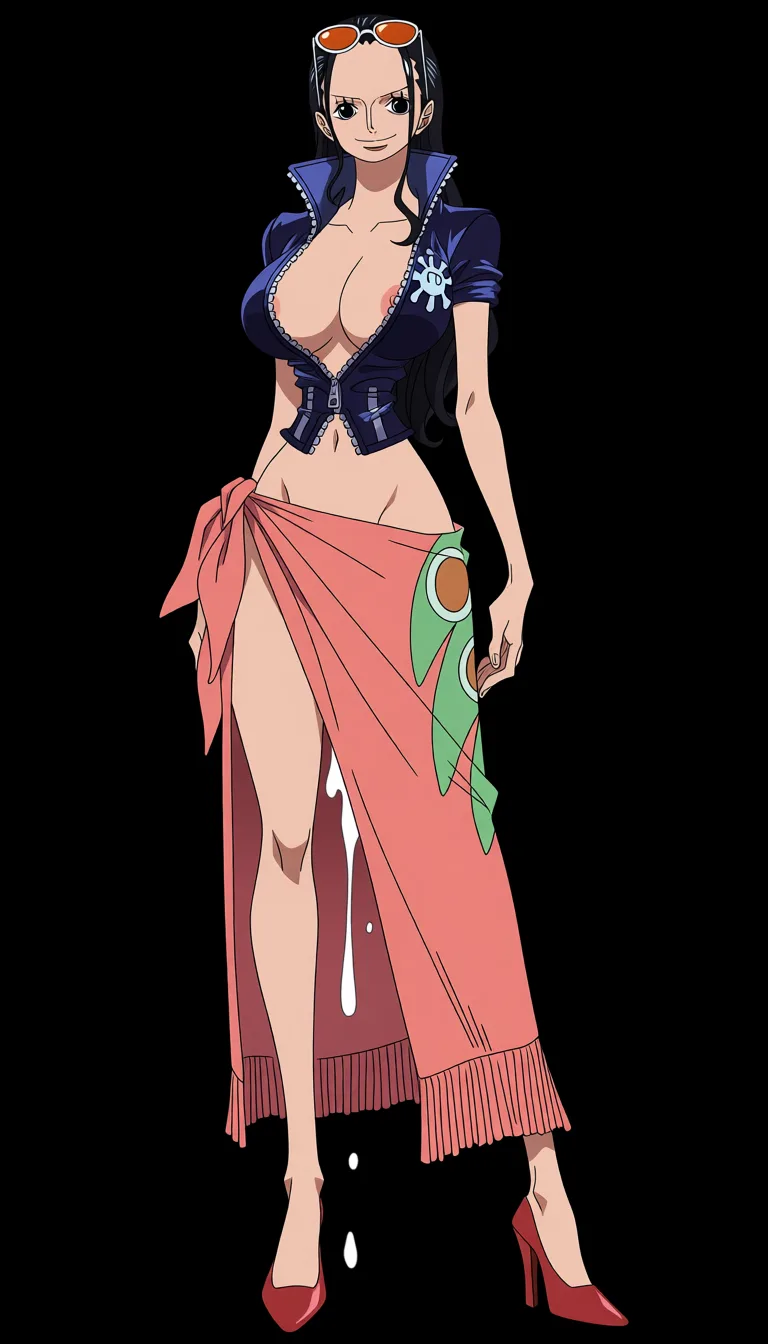 masterpiece, best quality, score_7, newest, anime screenshot, official art, Nico Robin, (One Piece style:1.7), full_body in frame, beautiful smile, standing, sexy pose, front view, (black background:1.5), a long coral-pink/salmon wrap skirt or sarong tied around her waist with a decorative green and yellow floral patterns along one side and a fringed/tassel-like hem and a massive front cutout exposing her naked pussy dripping with sperm, a fitted dark-blue short-sleeved jacket completely open with a high collar and the sleeves slightly rolled at the edges, naked breasts and nipples fully out of jacket, naked pussy exposed through wrap skirt cutout, orange tinted sunglasses on top of head, Red-coral high-heeled pumps with pointed toes, massive amount of sperm dripping from pussy, (flat color:1.3), hard cel shading, thin crisp lineart, high key daylight, vivid primary palette, bright clean background