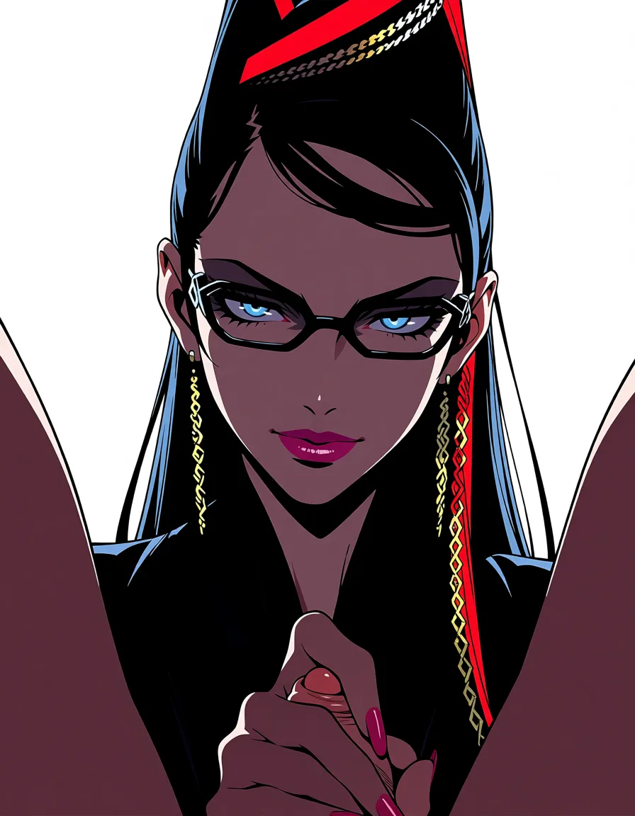 masterpiece, best quality, score_7, newest, anime screenshot, official art, 1girl, masterpiece, vivid colors, redhead woman, bare legs, streaked hair, horns, presenting, mysterious vibe, portrait, dramatic lighting, anime style, futanari, fingering foreskin bayonetta, (flat color:1.3), hard cel shading, thin crisp lineart, high key daylight, vivid primary palette, bright clean background