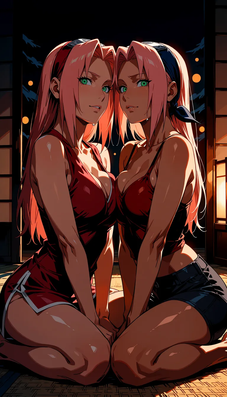 masterpiece, best quality, score_7, newest, highres, absurdres, anime coloring, NSFW, Naruto Shippuden anime style, Naruto Uzumaki and Sakura Haruno, the two are sitting side-by-side on the floor of a Japanese-style room, Naruto Shippuden art style, cel shading., glossy shiny skin, wet highlights, dim warm lighting, dramatic rim light, deep shadows, dark bokeh background, sensual mood