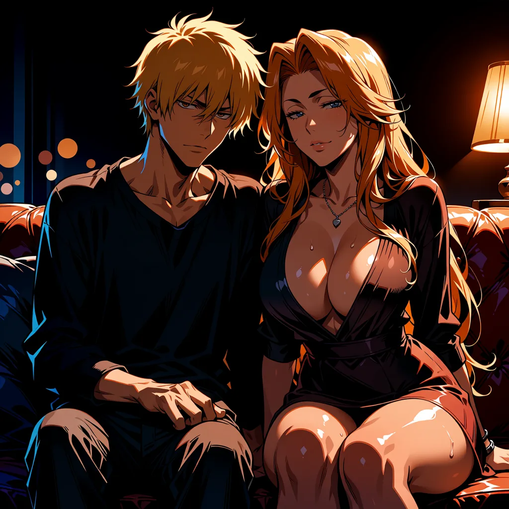 masterpiece, best quality, score_7, newest, highres, absurdres, anime coloring, NSFW, private, one man and one woman, Uryu Ishida (male student from the anime *Bleach*) and Rangiku Matsumoto (Shinigami), the two are sitting side-by-side on a sofa, anime style, cel shading., glossy shiny skin, wet highlights, dim warm lighting, dramatic rim light, deep shadows, dark bokeh background, sensual mood