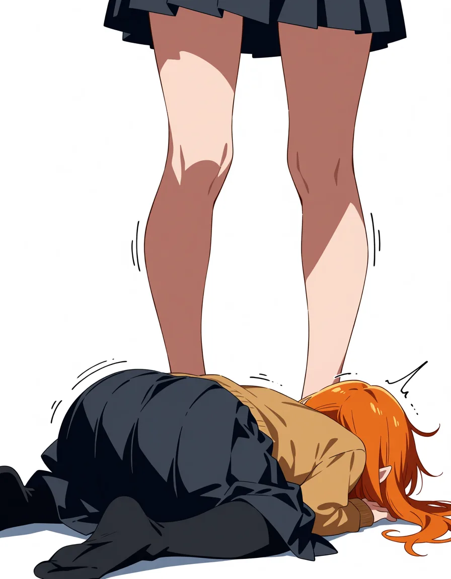 masterpiece, best quality, score_7, newest, anime screenshot, official art, Orange hair girl rims the black girl. the black girls leg tremble and shake lightly before collapsing and squirting., (flat color:1.3), hard cel shading, thin crisp lineart, high key daylight, vivid primary palette, bright clean background