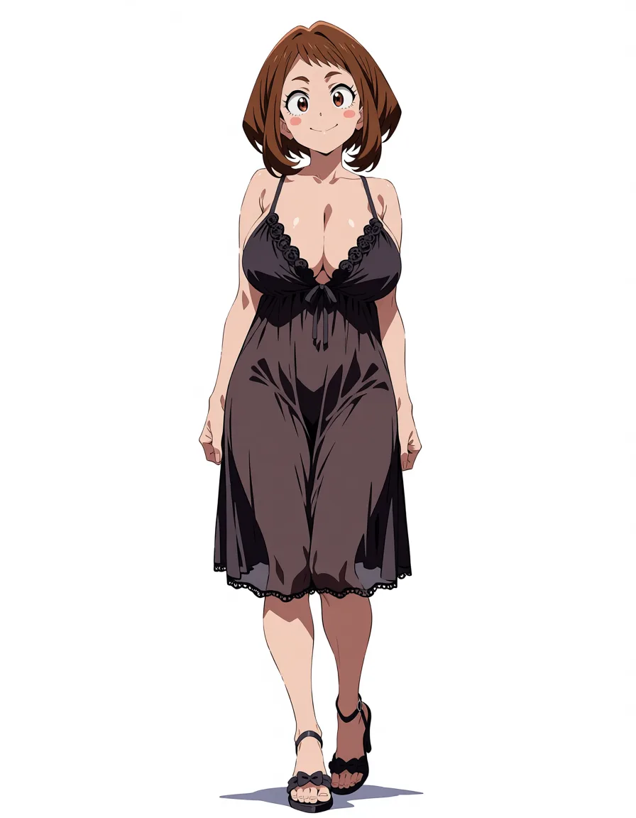 masterpiece, best quality, score_7, newest, anime screenshot, official art, 1girl, uraraka ochaco wearing silk nightgown and high heel sandals, sagging breasts,, (flat color:1.3), hard cel shading, thin crisp lineart, high key daylight, vivid primary palette, bright clean background