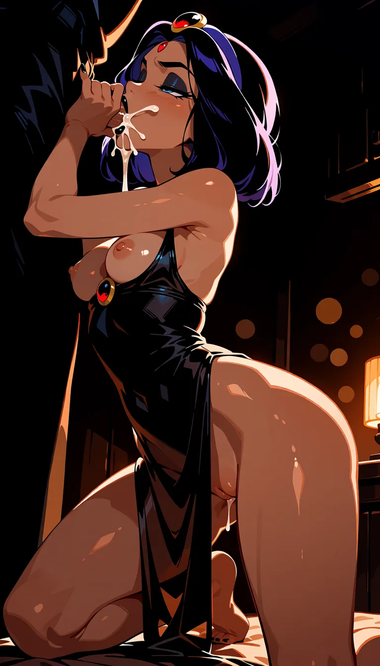 masterpiece, best quality, score_7, newest, highres, absurdres, anime coloring, Android 18, Raven (dc), morning sunshine, kitchen, Disneys princess jasmine (Aladdin), black eyeshadow, revealing_clothes, black see-through_clothes, breasts_out, cum_in_mouth, half-closed_eyes, pussy_juice, dutch_angle, leg lifted, smaller breasts, facing_viewer, heavy_breathing orgasm, no underwear, raven (dc), black lipstick, kneeling deepthroat fellatio, son goku ejaculation on face, glossy shiny skin, wet highlights, (dim warm lighting:1.2), dramatic rim light, deep shadows, dark bokeh background, sensual mood