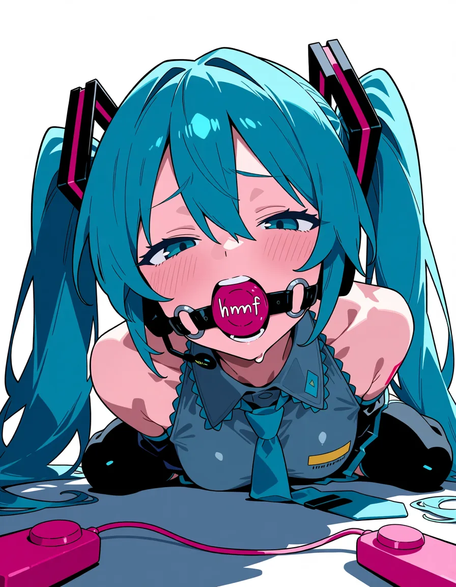 masterpiece, best quality, score_7, newest, anime screenshot, official art, 1girl, bdsm, gagged, vibrator, on on_floor, on_side, speech_bubble, she saying "hmmff" in speech_bubble, hatsune miku, moaning, (flat color:1.3), hard cel shading, thin crisp lineart, high key daylight, vivid primary palette, bright clean background
