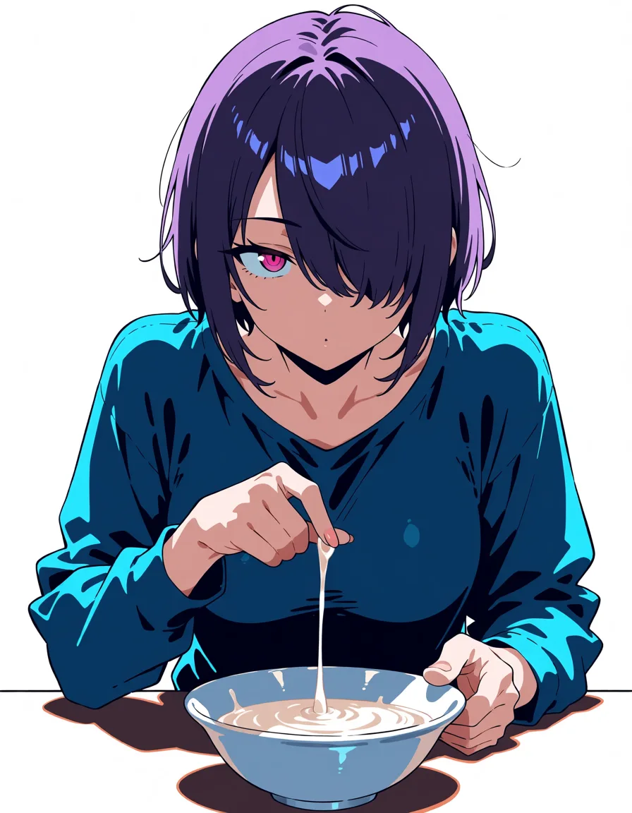 masterpiece, best quality, score_7, newest, anime screenshot, official art, succubus, futanari, short purple hair, precum, sperm from the penis flowing into a bowl, the bowl is on the table, looking at viewer, pointing at viewer, (flat color:1.3), hard cel shading, thin crisp lineart, high key daylight, vivid primary palette, bright clean background