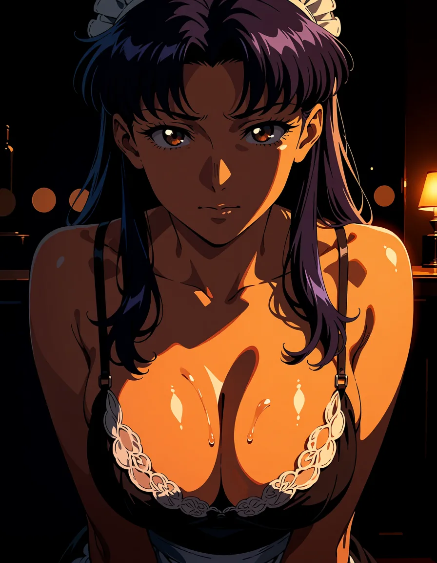 masterpiece, best quality, score_7, newest, highres, absurdres, anime coloring, 1girl, masterpiece, best quality, maid, evening gown, presenting, mysterious vibe, manga aesthetic, katsuragi misato, glossy shiny skin, wet highlights, (dim warm lighting:1.2), dramatic rim light, deep shadows, dark bokeh background, sensual mood