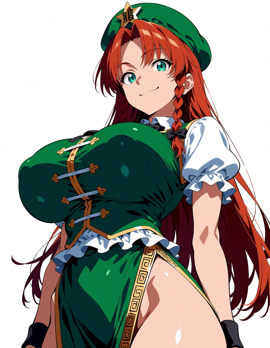 masterpiece, best quality, score_7, newest, anime screenshot, official art, 1girl, huge_breasts cum_on_breasts 
hong meiling, (flat color:1.3), hard cel shading, thin crisp lineart, high key daylight, vivid primary palette, bright clean background