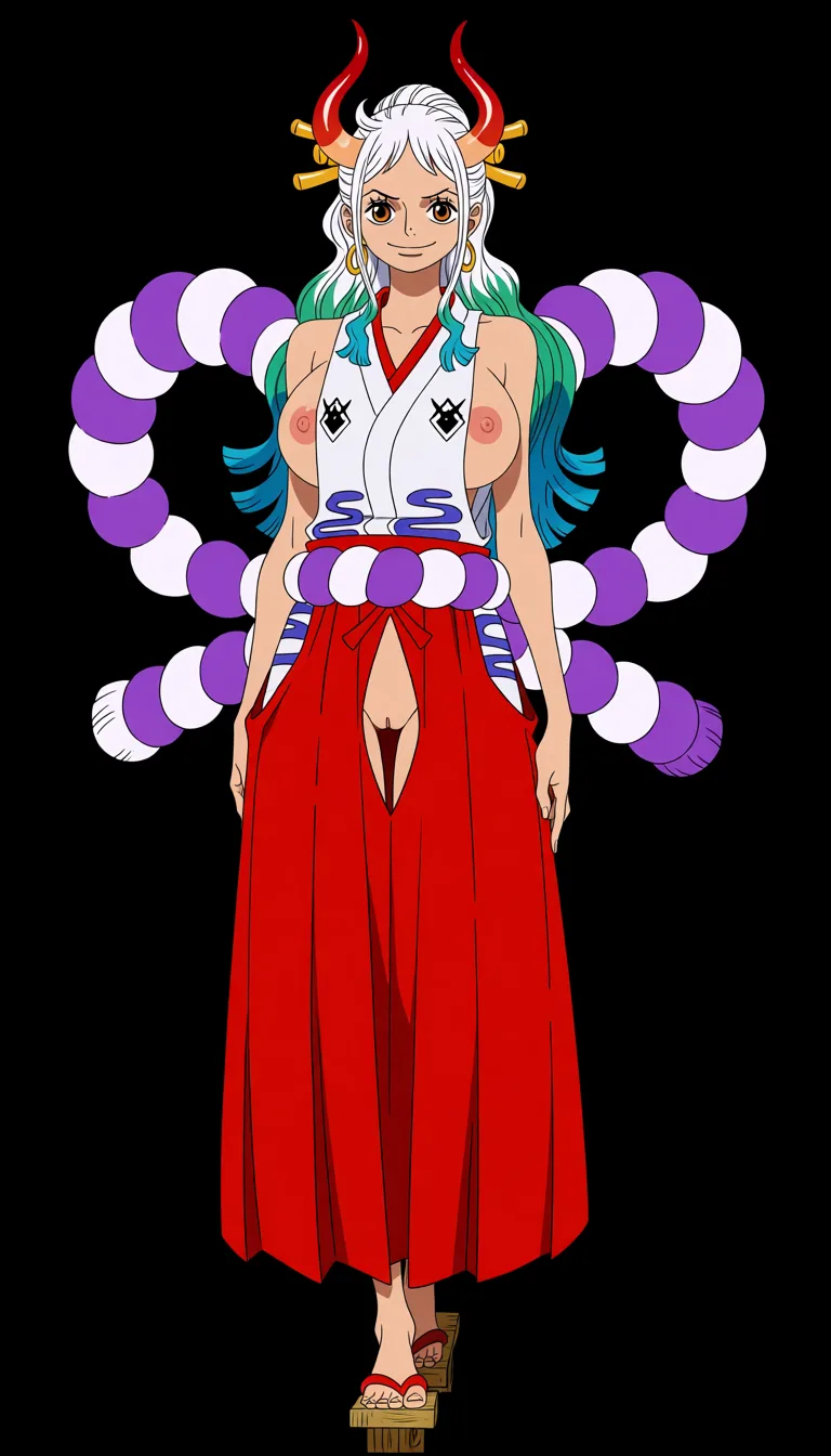 masterpiece, best quality, score_7, newest, anime screenshot, official art, Yamato, (One Piece style:1.7), (full body in frame:1.5), standing, sexy pose, (black background:1.5), long white hair with turquoise and light-blue tips, two red curved oni horns, gentle gaze and bright smile, white sleeveless Japanese-style top with a red neckline and the chest area completely cutout to let the full naked breasts and nipples out, (naked breasts and nipples fully visible and exposed:1.5), red hakama skirt with big crotch cutout fully exposing vagina, naked pussy fully visible and exposed through crotch cutout, purple rope belt around the waist, traditional wooden sandals, (flat color:1.3), hard cel shading, thin crisp lineart, high key daylight, vivid primary palette, bright clean background