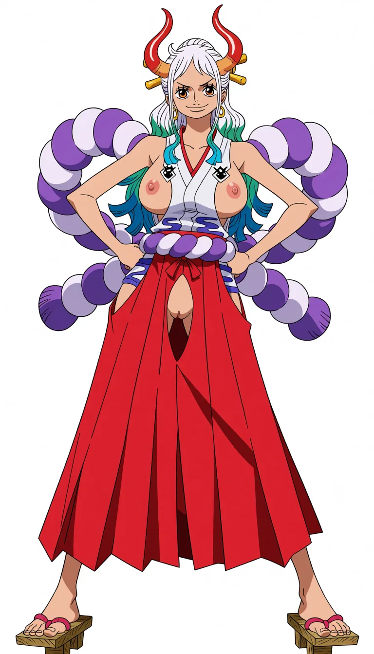 masterpiece, best quality, score_7, newest, anime screenshot, official art, Yamato, (One Piece style:1.9), (full body in frame:1.6), standing, (confident sexy pose:1.5), (black background:1.5), long white hair with turquoise and light-blue tips, two red curved oni horns, gentle gaze and bright smile, long legs, white sleeveless Japanese-style top with a red neckline and the chest area completely cutout to let the full naked breasts and nipples out, (naked breasts and nipples fully visible and exposed:1.5), red hakama skirt with big crotch cutout fully exposing vagina, naked pussy fully visible and exposed through crotch cutout, purple rope belt around the waist, traditional wooden sandals, (flat color:1.3), hard cel shading, thin crisp lineart, high key daylight, vivid primary palette, bright clean background