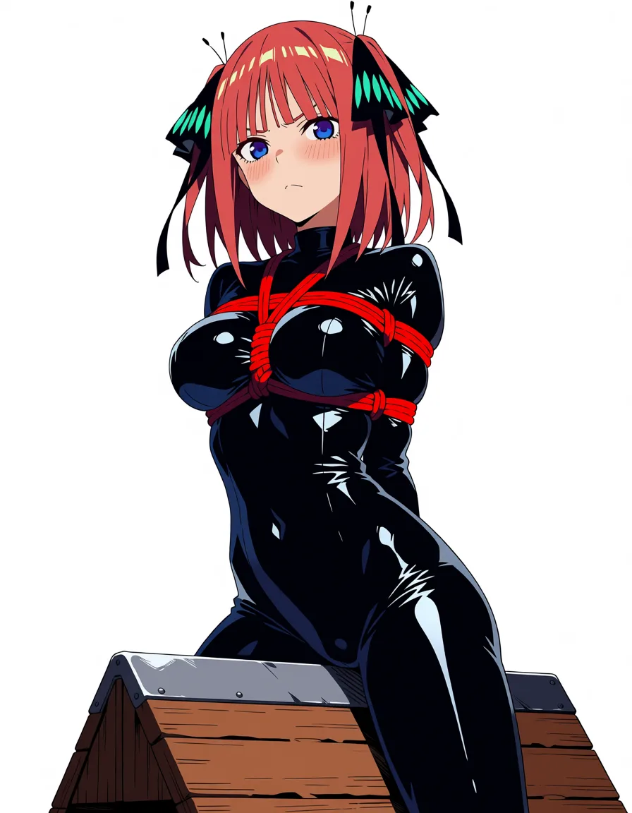 masterpiece, best quality, score_7, newest, anime screenshot, official art, 1girl, nakano nino,  latex skinsuit, bondage, shibari, tsundere, basement, wooden horse, (flat color:1.3), hard cel shading, thin crisp lineart, high key daylight, vivid primary palette, bright clean background