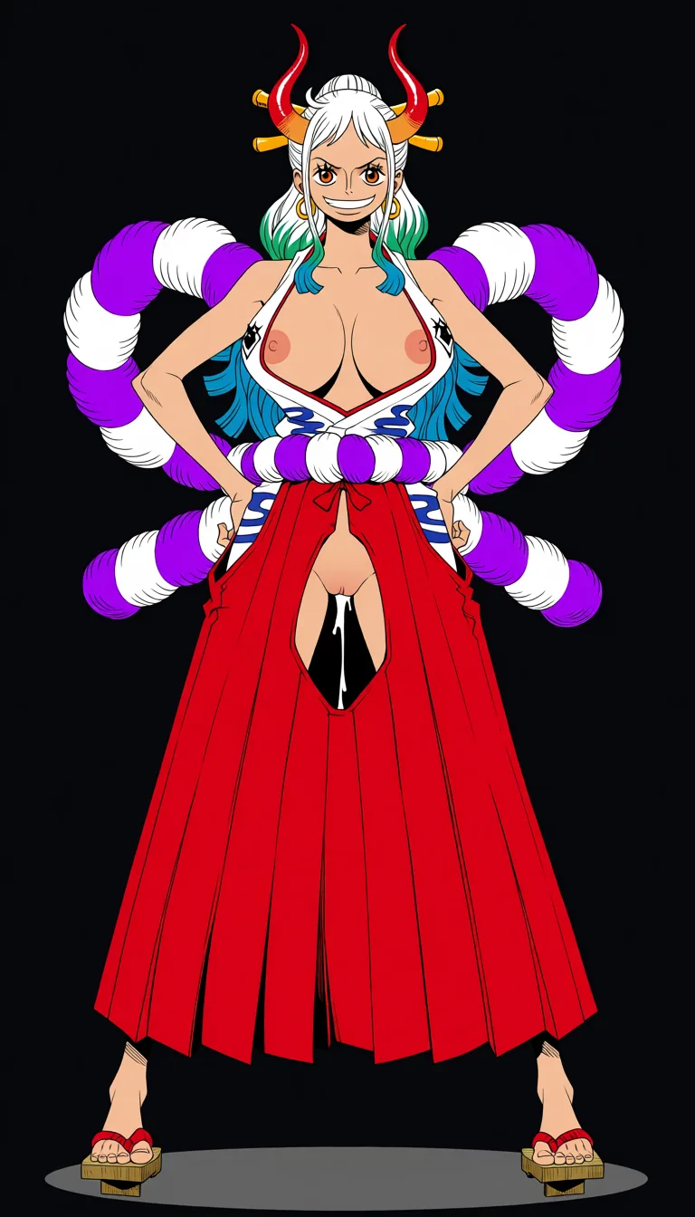 masterpiece, best quality, score_7, newest, anime screenshot, official art, Yamato, (One Piece style:1.8), (full body in frame:1.9), standing, (confident sexy pose:1.6), (black background:1.8), (simple shadows:1.7), long white hair with turquoise and light-blue tips, two red curved oni horns, bright white smile, long legs, white sleeveless Japanese-style top with a red neckline and the chest area completely cutout to let the full naked breasts and nipples out, (naked breasts and nipples fully visible and exposed:1.7), (long red hakama skirt with big crotch cutout fully exposing vagina:1.6), naked pussy fully visible and exposed through crotch cutout, purple rope belt around the waist, traditional wooden sandals, massive amount of sperm dripping from pussy, (flat color:1.3), hard cel shading, thin crisp lineart, high key daylight, vivid primary palette, bright clean background