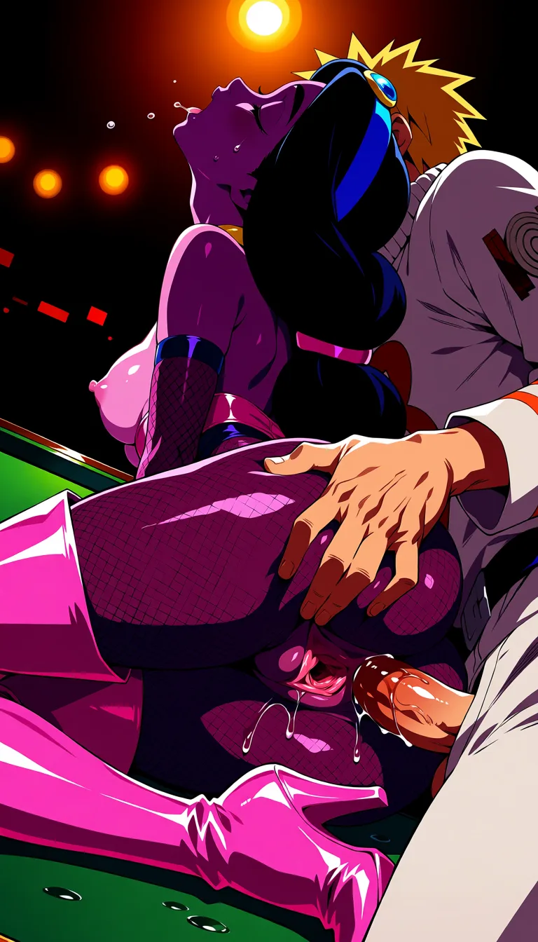 masterpiece, best quality, score_7, newest, highres, absurdres, anime coloring, 1boy, 1girl, purple skin Disneys princess jasmine (Aladdin), see-through_clothes, revealing_clothes, breasts_out, white team rocket uniform, bright lighting, on billiard table, moaning, pussy_juice, sweating, pink see-through shirt, pink thigh high boots, pink utility belt, pink pantyhose, fishnet sleeves and stockings, dutch_angle, grabbing_from_behind, smaller breasts, spread pussy, arched_back, leg lifted, tight anus, lying on side, anal sex with uzumaki Naruto, sex_from_behind, grabbing_from_behind, fucked in ass under bright lights, groping, kissing neck from behind, glossy shiny skin, wet highlights, (dim warm lighting:1.2), dramatic rim light, deep shadows, dark bokeh background, sensual mood