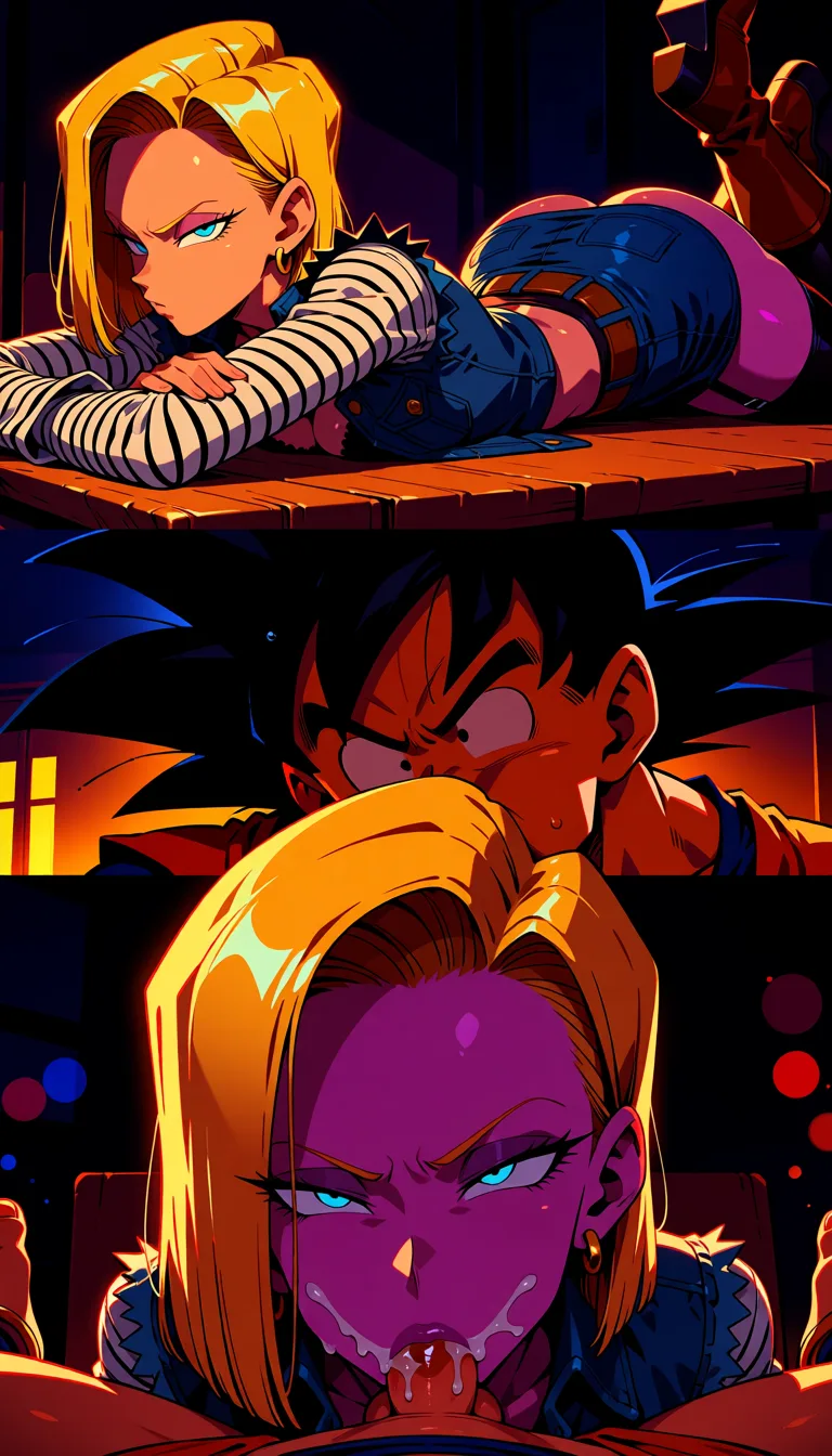 masterpiece, best quality, score_7, newest, highres, absurdres, anime coloring, 1boy, 1girl, android 18, costume, purple skin female, purple eyeshadow, denim microskirt, denim vest, black and white striped long sleeve shirt, classroom, lying on stomach non table, android 18 giving deepthroat blowjob to son goku, breasts_out, smaller breasts, smaller penis, pussy_juice, tight anus, son goku giving cunnilingus to android 18, son goku on back on table getting his penis sucked, android 18 fingering own anus (2 fingers), facial, deep mouth penetration, multiple_views, comic, garter belt, knee high boots, son goku orgasm face 2, glossy shiny skin, wet highlights, (dim warm lighting:1.2), dramatic rim light, deep shadows, dark bokeh background, sensual mood