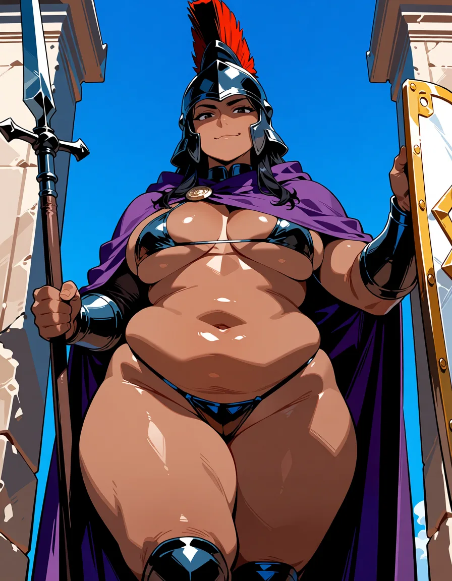 masterpiece, best quality, score_7, newest, anime screenshot, official art, femboy praetorian guard, with roman pretorian legionary black metal armor segmentata, gladius, shield, black hair, plump body, chubby, bimbo, purple cloak, helmet mask, brown skin, guarding the gate, looking fuckable, (flat color:1.3), hard cel shading, thin crisp lineart, high key daylight, vivid primary palette, bright clean background