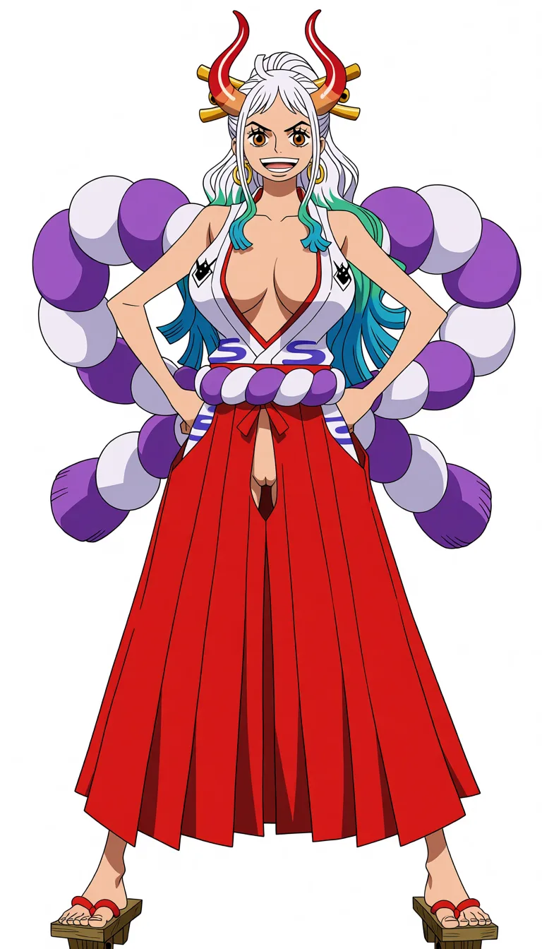 masterpiece, best quality, score_7, newest, anime screenshot, official art, Yamato, One Piece style, (full body in frame:1.5), standing, sexy pose, black background, long white hair with turquoise and light-blue tips, two red curved oni horns, confident and cheerful expression, white sleeveless Japanese-style top with a red neckline and the chest area completely open to let the naked breasts out, naked breasts full visible and exposed, red hakama skirt with no crotch, naked pussy fully visible and exposed through crotch cutout, purple rope belt around the waist, traditional wooden sandals, (flat color:1.3), hard cel shading, thin crisp lineart, high key daylight, vivid primary palette, bright clean background