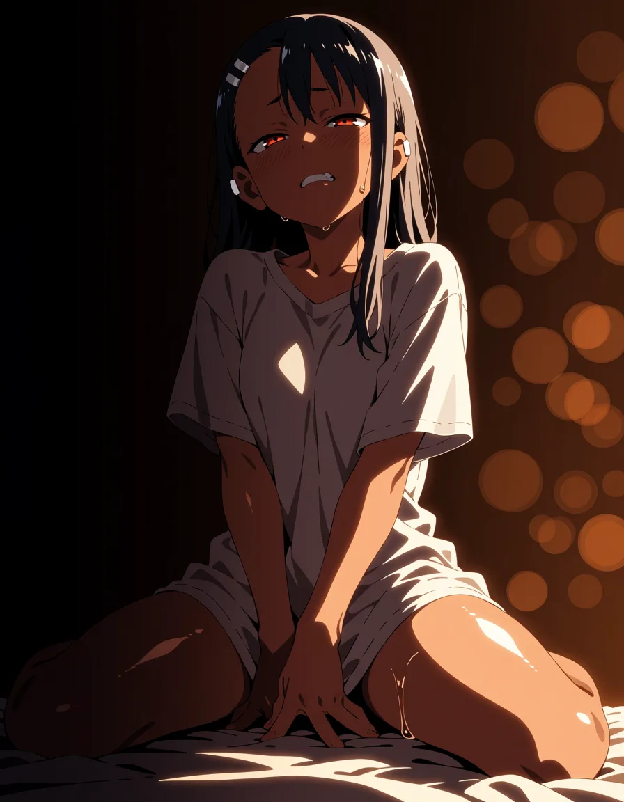 masterpiece, best quality, score_7, newest, highres, absurdres, anime coloring, 1girl, silver hair, red eyes, oversized shirt, sitting on the end of the bed, morning light, masturbation, horny, from_below, nagatoro hayase, glossy shiny skin, wet highlights, (dim warm lighting:1.2), dramatic rim light, deep shadows, dark bokeh background, sensual mood