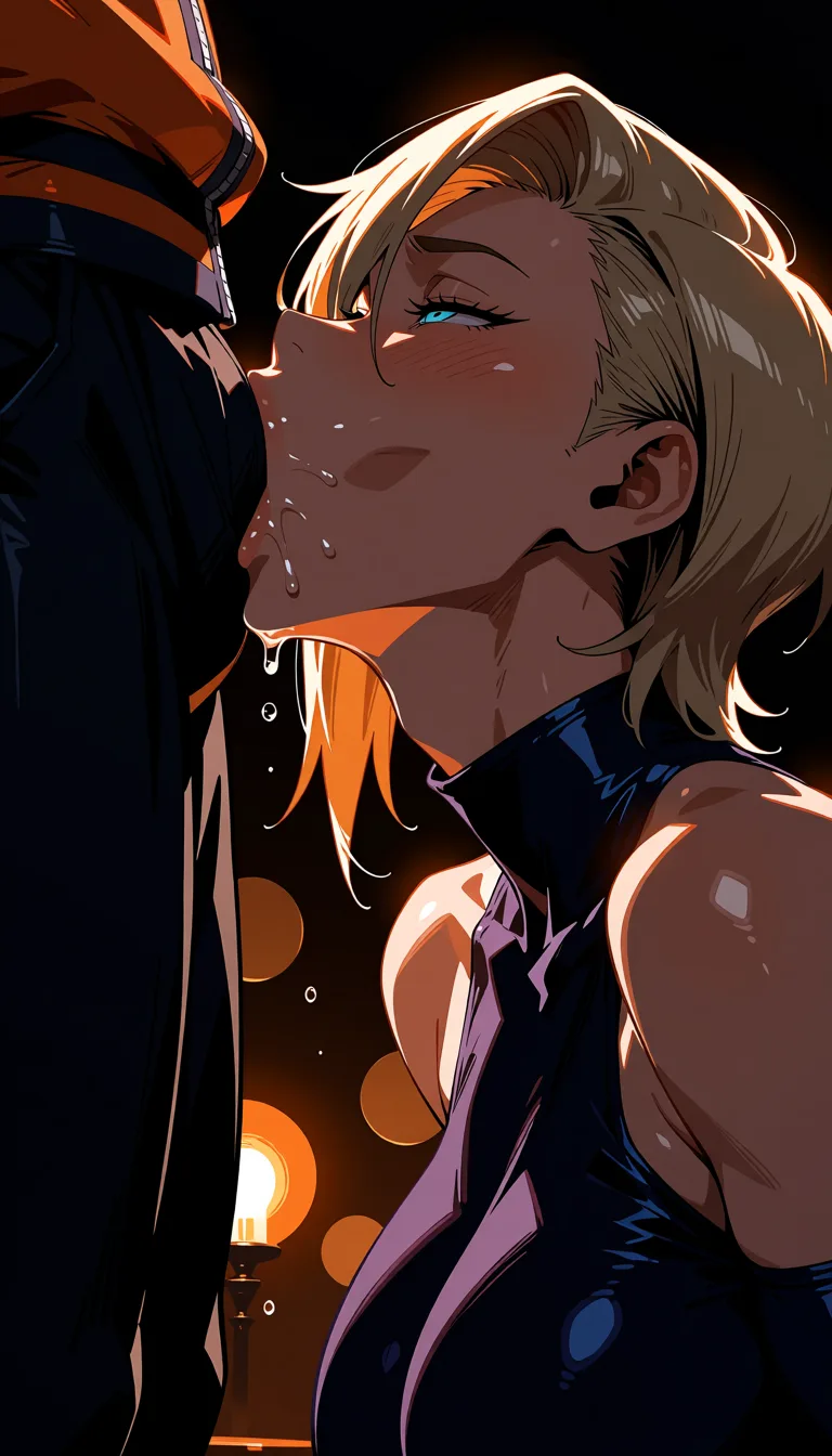 masterpiece, best quality, score_7, newest, highres, absurdres, anime coloring, 1boy, 2girls, bright lighting, ino yamanaka, purple skin raven (dc), blonde hair, costume, deepthroat fellatio on uzumaki naruto dutch_angle from_behind ejaculation, glossy shiny skin, wet highlights, (dim warm lighting:1.2), dramatic rim light, deep shadows, dark bokeh background, sensual mood