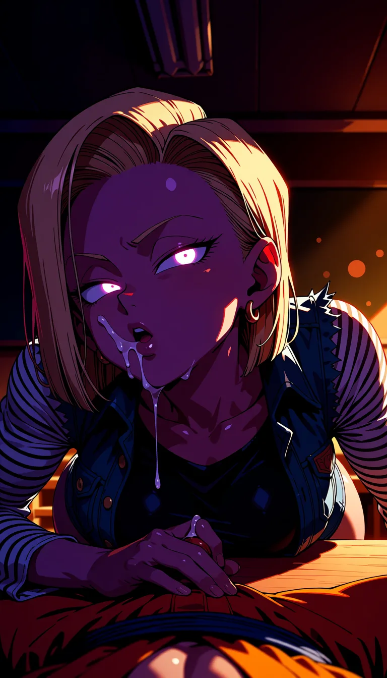 masterpiece, best quality, score_7, newest, highres, absurdres, anime coloring, 1boy, 1girl, android 18, purple skin female, lying on stomach, facial, cumshot, costume, smaller breasts, smaller penis, denim vest, denim microskirt, black and white striped long sleeve shirt, wet_clothes, gasping, eye contact, dutch_angle, breasts_out, in love, love hearts, son goku orgasm face, deepthroat blowjob on table, glowing eyes, classroom, head grab, son goku lying under android 18 1, glossy shiny skin, wet highlights, (dim warm lighting:1.2), dramatic rim light, deep shadows, dark bokeh background, sensual mood