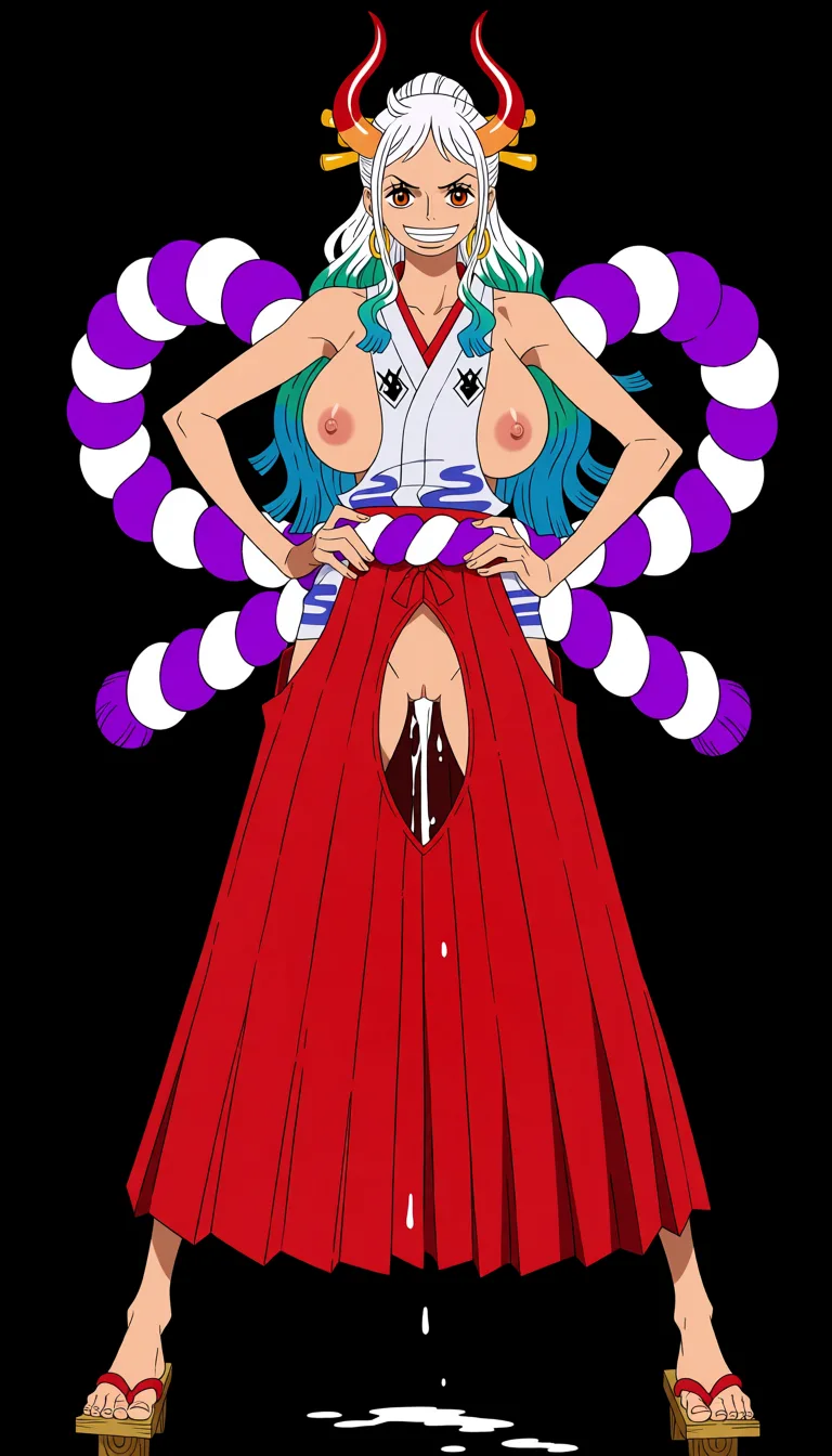 masterpiece, best quality, score_7, newest, anime screenshot, official art, Yamato, (One Piece anime style:1.5), (full body in frame:1.9), standing, (confident sexy pose:1.7), (black background:1.9), long white hair with turquoise and light-blue tips, two red curved oni horns, (bright white smile:1.6), (long legs:1.6), one hand on hips, (white sleeveless Japanese-style top with a red neckline and the chest area completely cutout to let the full naked breasts and nipples out:1.6), (naked breasts and nipples fully visible and exposed:1.7), (long red hakama skirt with big crotch cutout fully exposing vagina:1.6), naked pussy fully visible and exposed through crotch cutout, purple rope belt around the waist, traditional wooden sandals, massive amount of sperm dripping from pussy, (flat color:1.3), hard cel shading, thin crisp lineart, high key daylight, vivid primary palette, bright clean background