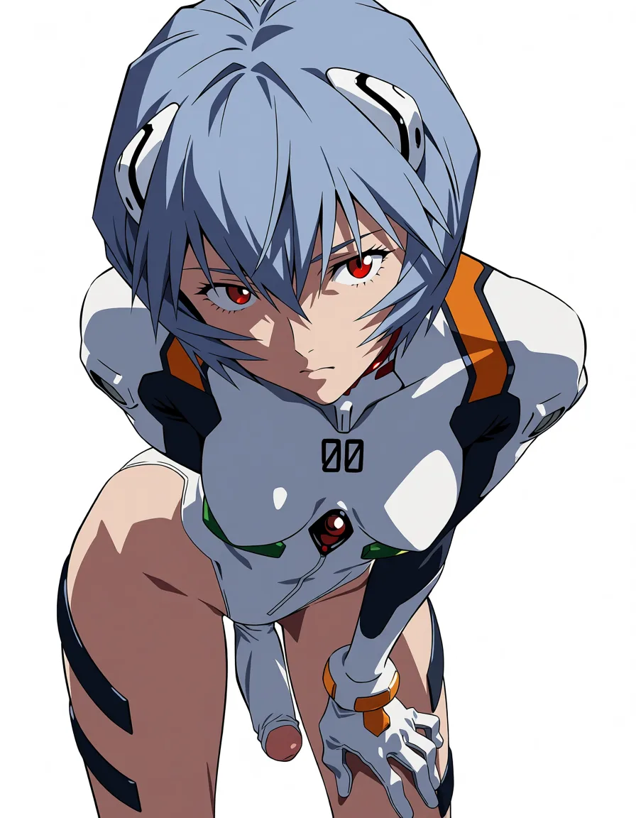 masterpiece, best quality, score_7, newest, anime screenshot, official art, 1girl, silver hair, red eyes, ayanami rei, white_skin, futanari, completely_nude, standing, leaning_forward, from_behind, imminent_penetration, interracial, (flat color:1.3), hard cel shading, thin crisp lineart, high key daylight, vivid primary palette, bright clean background