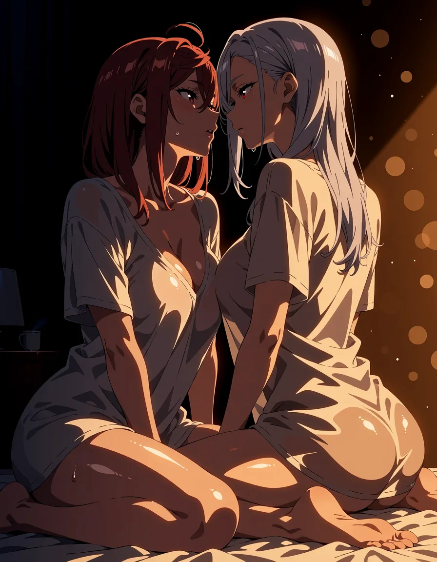 masterpiece, best quality, score_7, newest, highres, absurdres, anime coloring, 2girls, silver hair, red eyes, oversized shirt, sitting on the end of the bed, morning light, ayase momo yaoyorozu momo, glossy shiny skin, wet highlights, (dim warm lighting:1.2), dramatic rim light, deep shadows, dark bokeh background, sensual mood