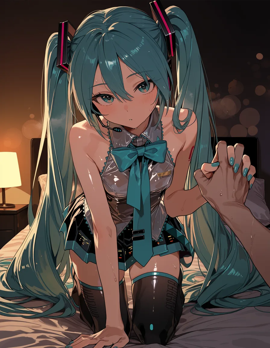masterpiece, best quality, score_7, newest, highres, absurdres, anime coloring, 1girl, highres, sharp lines, male focus, kneeling on bed, holding hands, bow, cloudy sky, anime style, hatsune miku, glossy shiny skin, wet highlights, (dim warm lighting:1.2), dramatic rim light, deep shadows, dark bokeh background, sensual mood