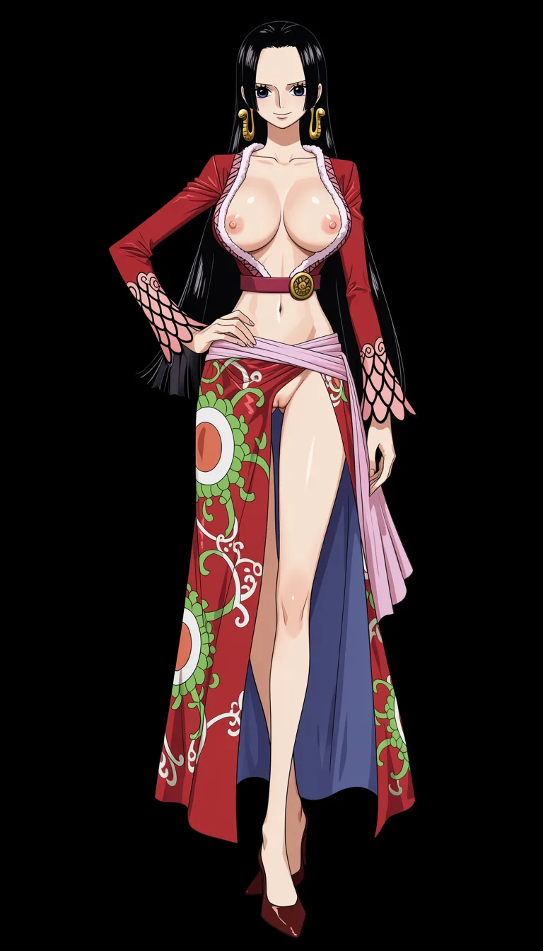 masterpiece, best quality, score_7, newest, anime screenshot, official art, Boa Hancock, One Piece style, full body in frame, standing, confident sexy pose, gentle expression and smile, (long legs:1.6), (black background:1.5), long straight black hair, one hand on hip, fitted deep-red cropped jacket with gold trim and ornate cuffs, plunging ruffled neckline fully open letting naked breasts fully out, naked breasts and nipples fully out and exposed, red waist belt with a round gold emblem, colorful red-and-green floral patterned floor-length skirt with a high slit in the middle fully exposing naked pussy, naked pussy fully exposed and visible, pale pink sash around the waist, dark red high-heeled shoes, (flat color:1.3), hard cel shading, thin crisp lineart, high key daylight, vivid primary palette, bright clean background