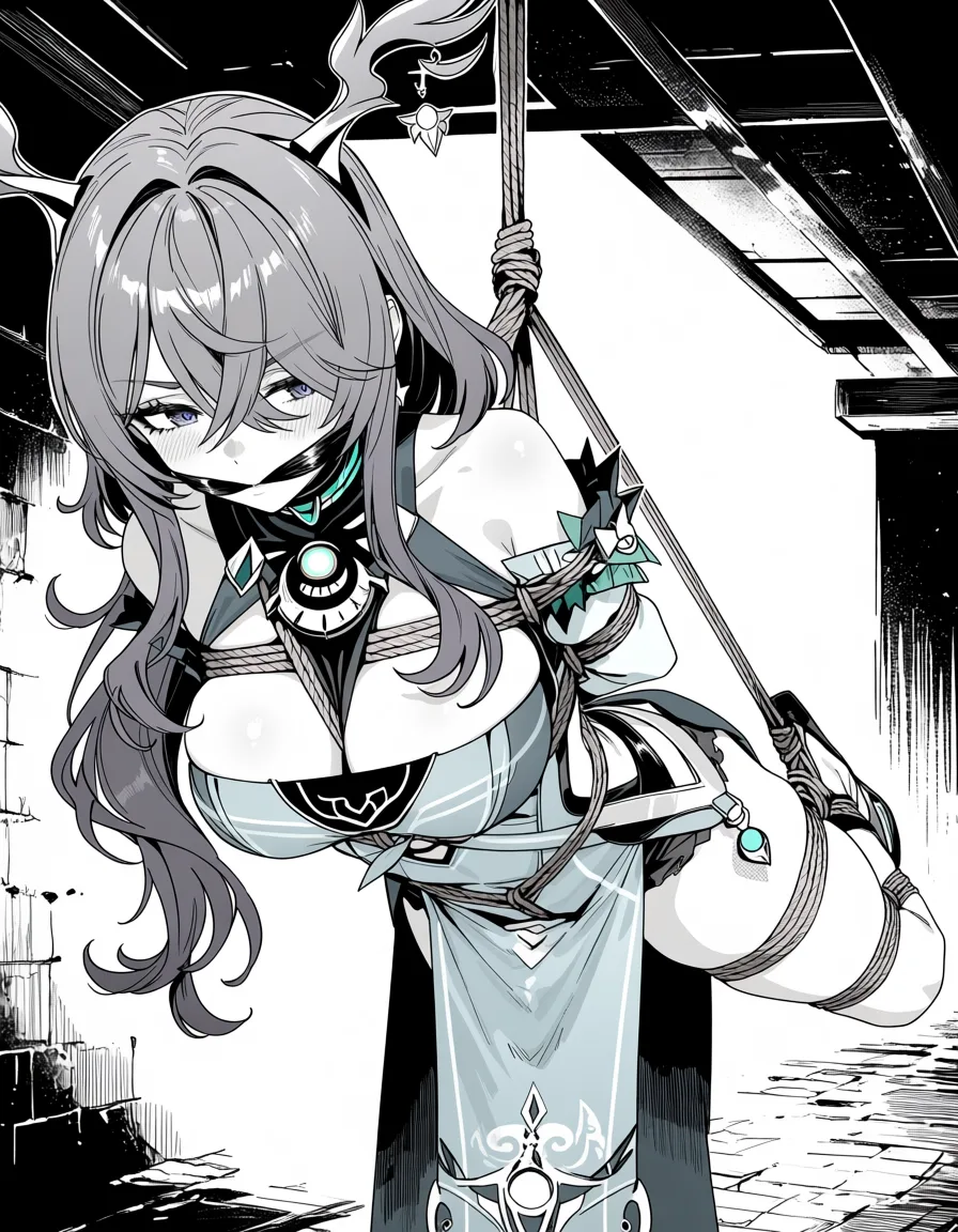 masterpiece, best quality, score_7, newest, manga, monochrome, greyscale, 1girl, lauma (genshin impact), indoors, bondage, shibari, gagged, suspension, futuristic, basement, struggling, (monochrome:1.7), (greyscale:1.7), screentone, halftone dots, ink hatching, bold black spotting, white background