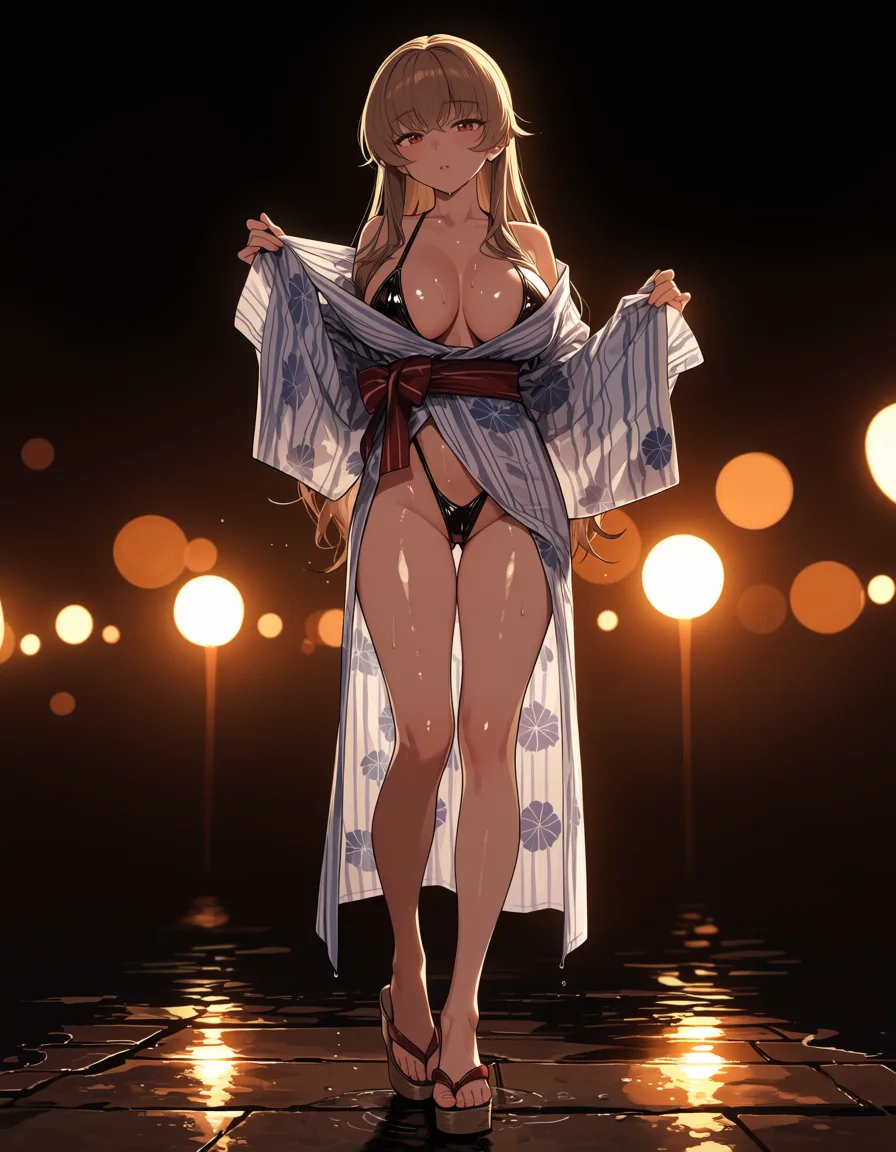 masterpiece, best quality, score_7, newest, highres, absurdres, anime coloring, Romantica Eru wearing revealing yukata and wedge heel sandals,, glossy shiny skin, wet highlights, (dim warm lighting:1.2), dramatic rim light, deep shadows, dark bokeh background, sensual mood