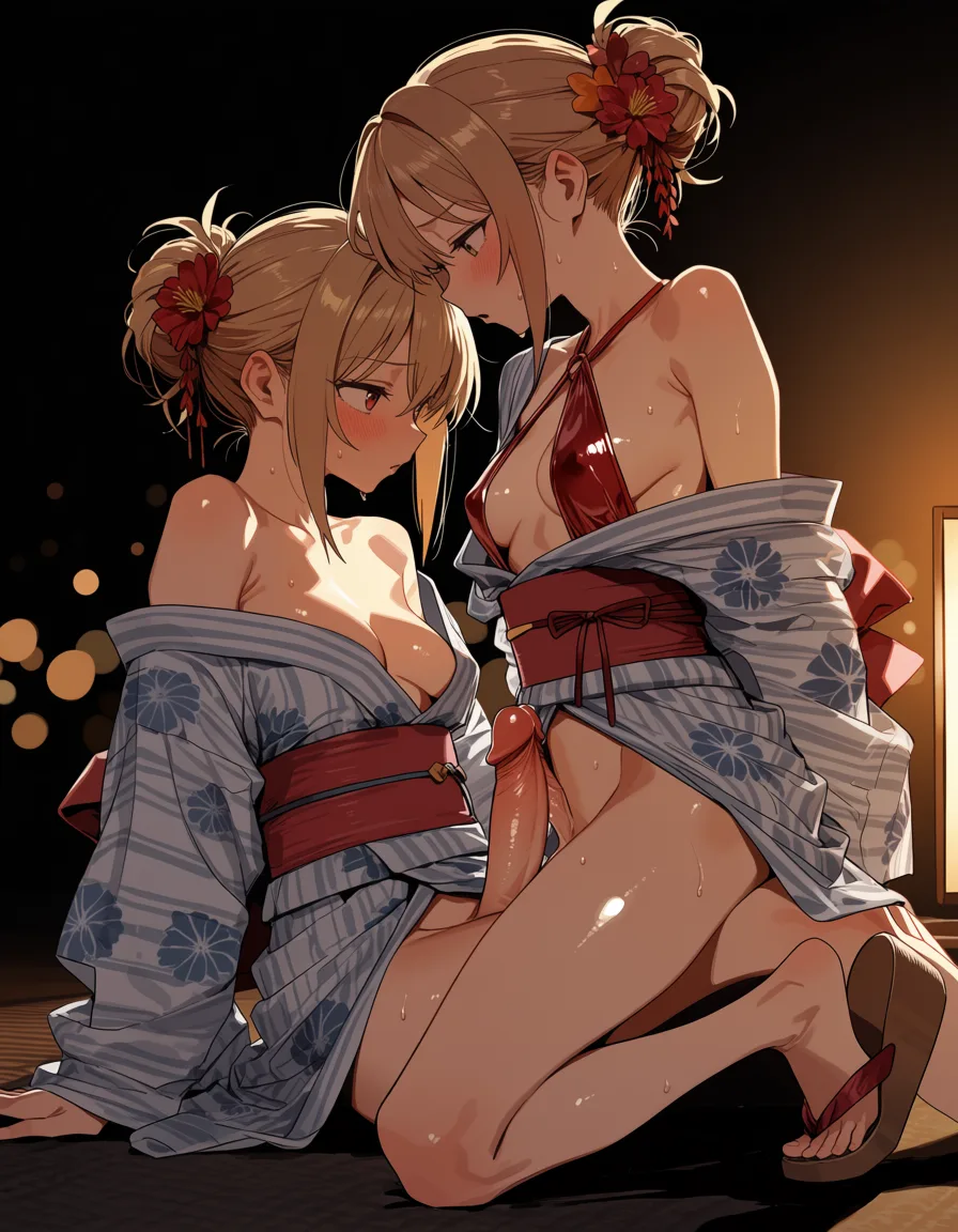masterpiece, best quality, score_7, newest, highres, absurdres, anime coloring, Ochaco uraraka wearing revealing yukata and wedge heel sandals with large futanari cocks, futa_with_female, sex_from_behind, yuri, glossy shiny skin, wet highlights, (dim warm lighting:1.2), dramatic rim light, deep shadows, dark bokeh background, sensual mood