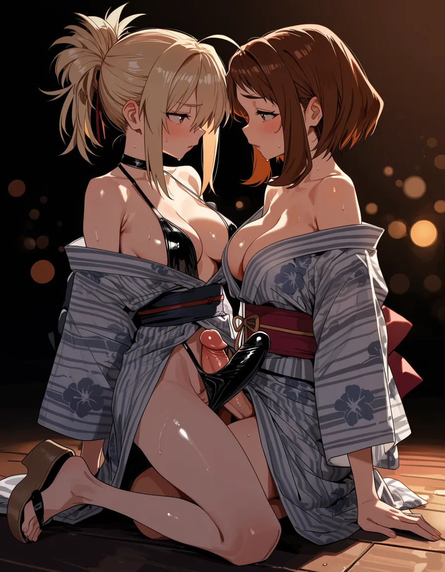 masterpiece, best quality, score_7, newest, highres, absurdres, anime coloring, 1girl, wearing revealing yukata and wedge heel sandals with large futanari cocks, futa_with_female, sex_from_behind, yuri, uraraka ochaco, glossy shiny skin, wet highlights, (dim warm lighting:1.2), dramatic rim light, deep shadows, dark bokeh background, sensual mood