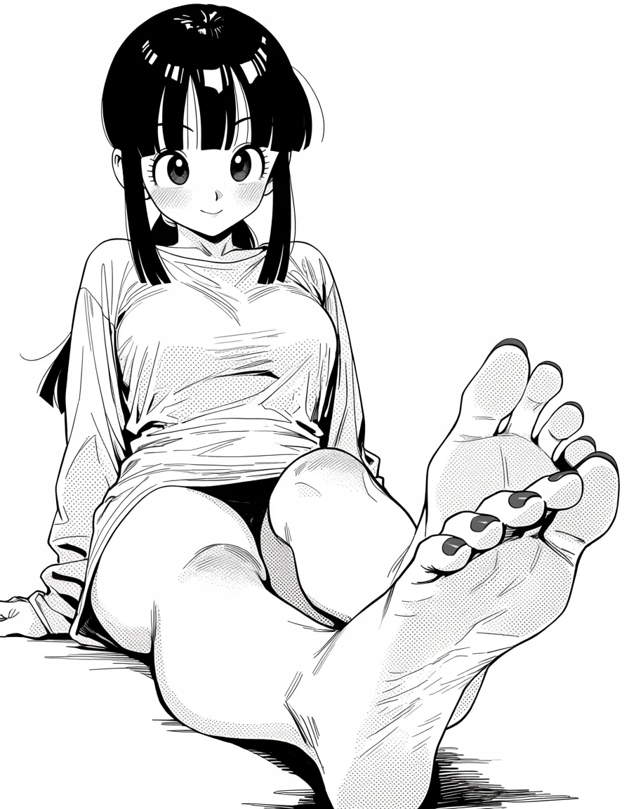 masterpiece, best quality, score_7, newest, manga, monochrome, greyscale, 1girl, chi-chi (dragon ball) barefoot , red_nails , foot_focus , futanari , naked_shirt , mature_female ,, (monochrome:1.7), (greyscale:1.7), screentone, halftone dots, ink hatching, bold black spotting, white background