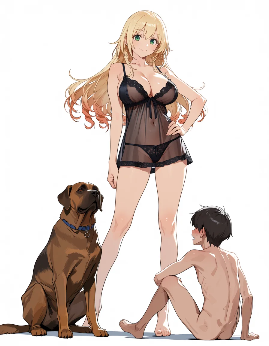 masterpiece, best quality, score_7, newest, anime screenshot, official art, 1girl, masterpiece, best quality, Atago d, completely visible, black sheer lingerie, large breasts, standing confidently, a brown dog sitting beside her, a small naked man sitting on the ground looking up at her with a submissive expression, no text, detailed, anime style, hentai, extreme femdom, sph atago (kancolle), (flat color:1.3), hard cel shading, thin crisp lineart, high key daylight, vivid primary palette, bright clean background