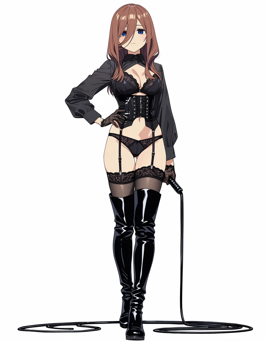 masterpiece, best quality, score_7, newest, anime screenshot, official art, 1girl, masterpiece, best quality ,miku open black dress shirt, black lingerie, black lace gloves, black thighhigh stockings with garter, extremely long shiny black boots, holding a whip, standing confidently with hand on hip, full body, detailed, anime style, extreme femdom, nakano miku, (flat color:1.3), hard cel shading, thin crisp lineart, high key daylight, vivid primary palette, bright clean background