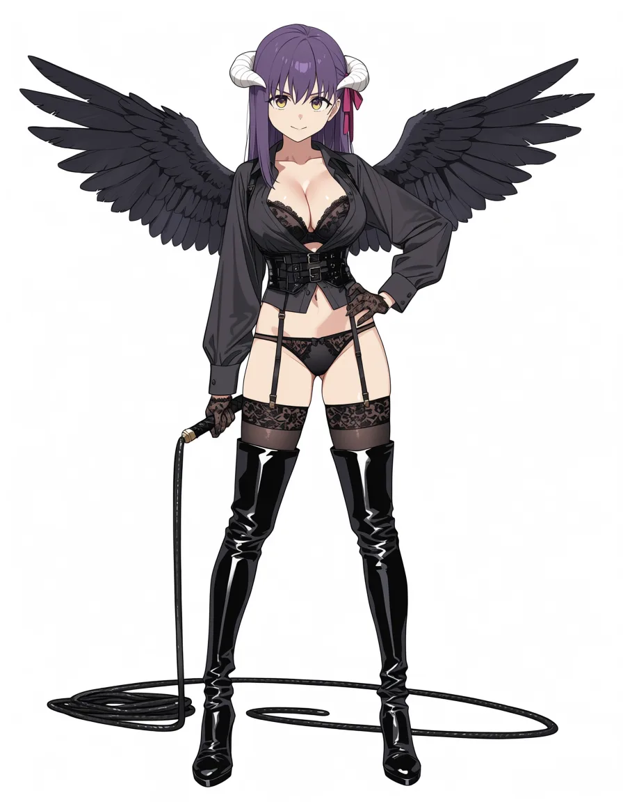 masterpiece, best quality, score_7, newest, anime screenshot, official art, masterpiece, best quality, 1girl, long black hair, yellow eyes, white horns, black feathered wings, Sakura open black dress shirt, black lingerie, black lace gloves, black thighhigh stockings with garter, extremely long shiny black boots, holding a whip, standing confidently with hand on hip, full body, detailed, anime style, hentai, extreme femdom, matou sakura, (flat color:1.3), hard cel shading, thin crisp lineart, high key daylight, vivid primary palette, bright clean background