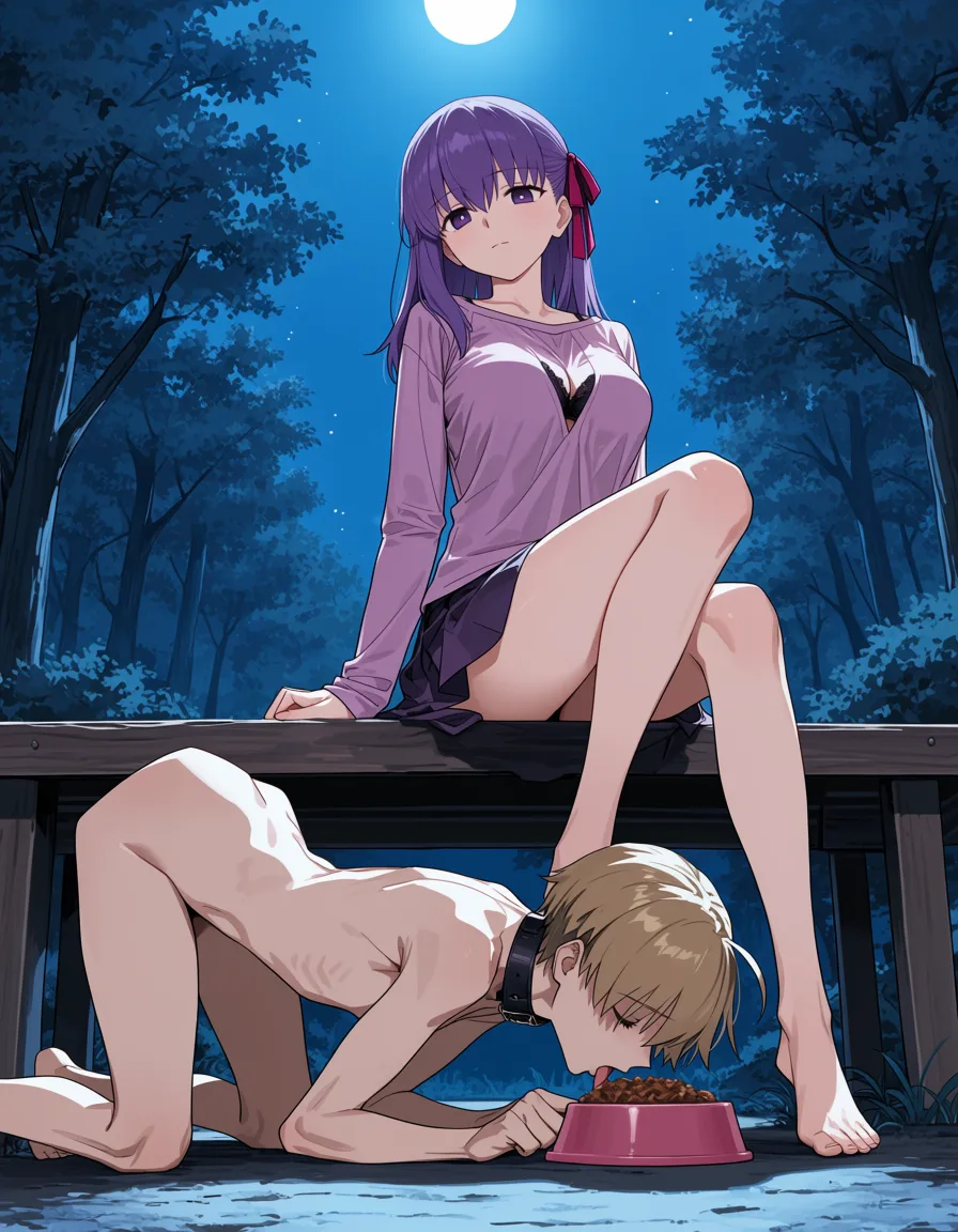 masterpiece, best quality, score_7, newest, anime screenshot, official art, 1girl, Anime style, nighttime forest setting with blue trees, Sakura Matou from Fate with long purple hair wearing a purple long-sleeve top with black bra visible and a short purple skirt, sitting on a wooden structure with one leg raised, looking down with a calm dominant expression, a completely nude young man with short blond hair, wearing a black collar, on all fours on the ground licking food from a pink dog bowl, submissive pose, soft moonlight, erotic petplay atmosphere, matou sakura, (flat color:1.3), hard cel shading, thin crisp lineart, high key daylight, vivid primary palette, bright clean background